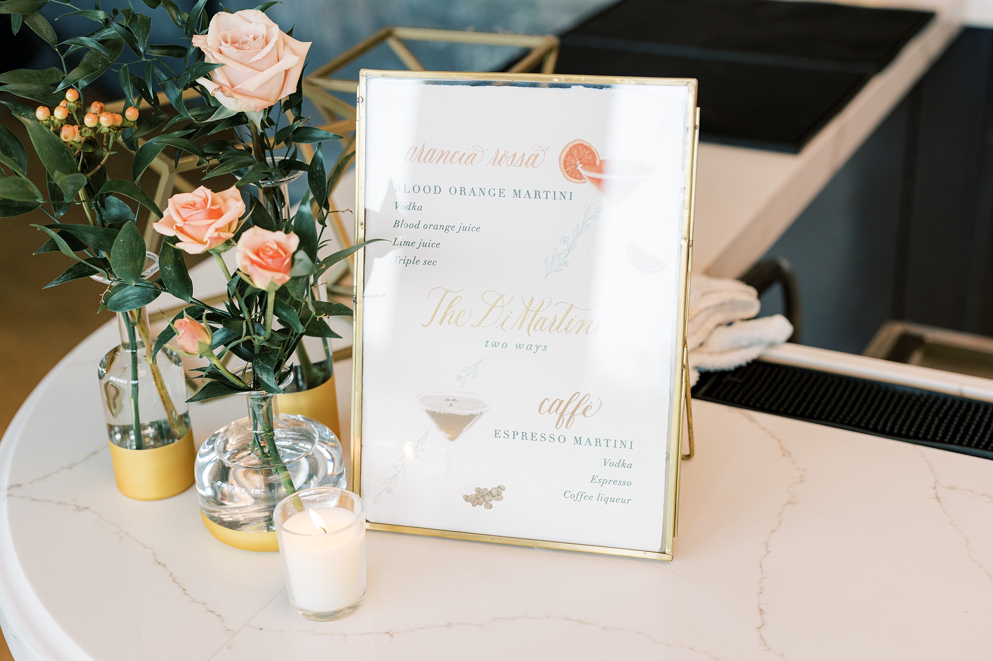 custom cocktail sign for Italian inspired wedding reception at The River House at Odette's