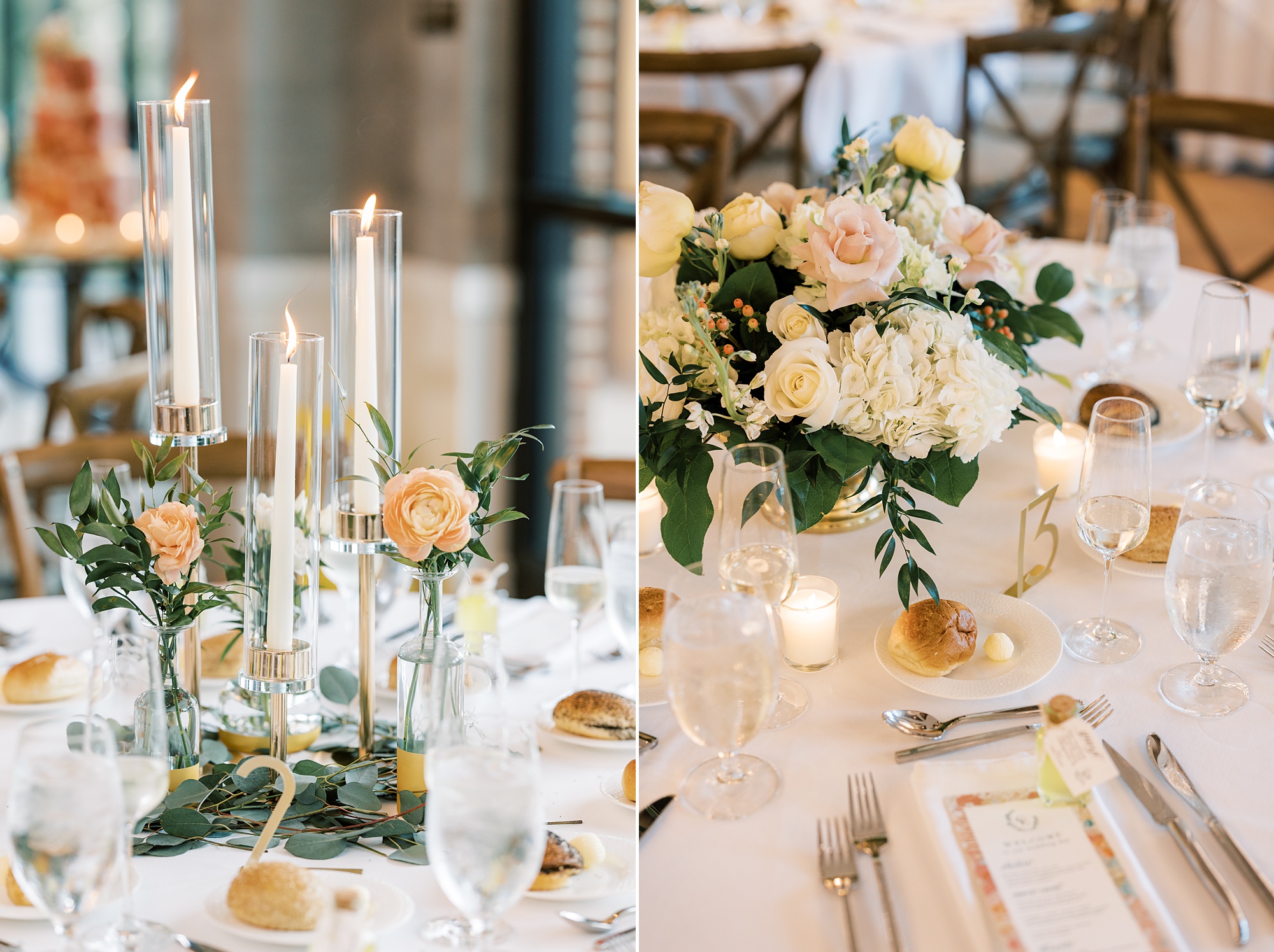 Italian inspired wedding reception at The River House at Odette's with peach and white floral centerpieces 