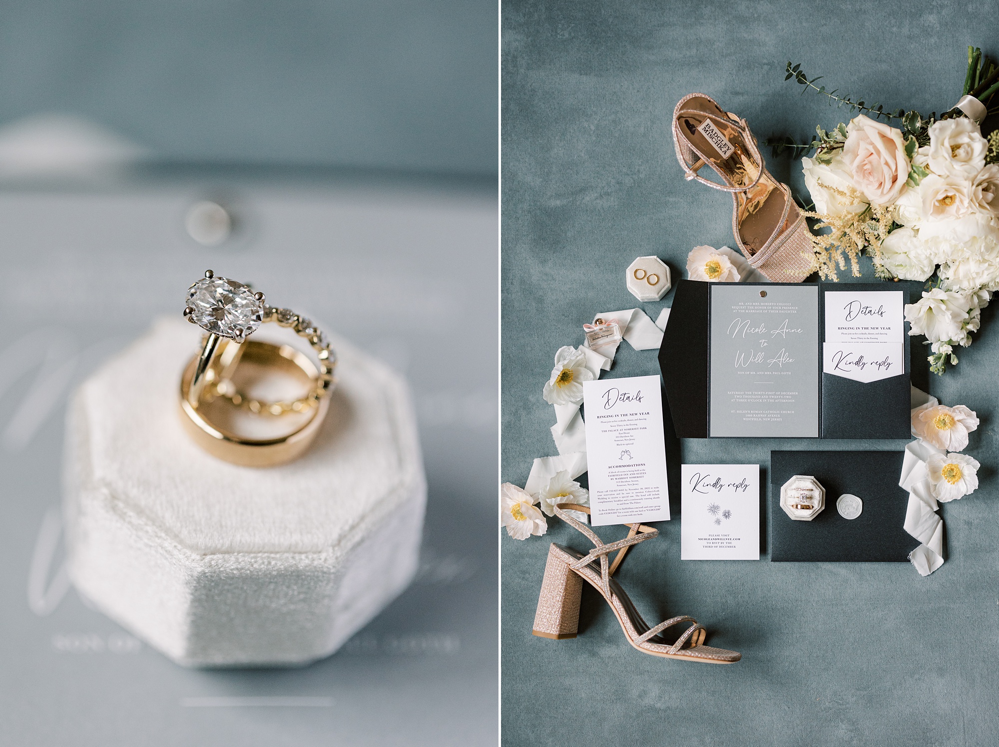 bride's gold ring rests on white ring box