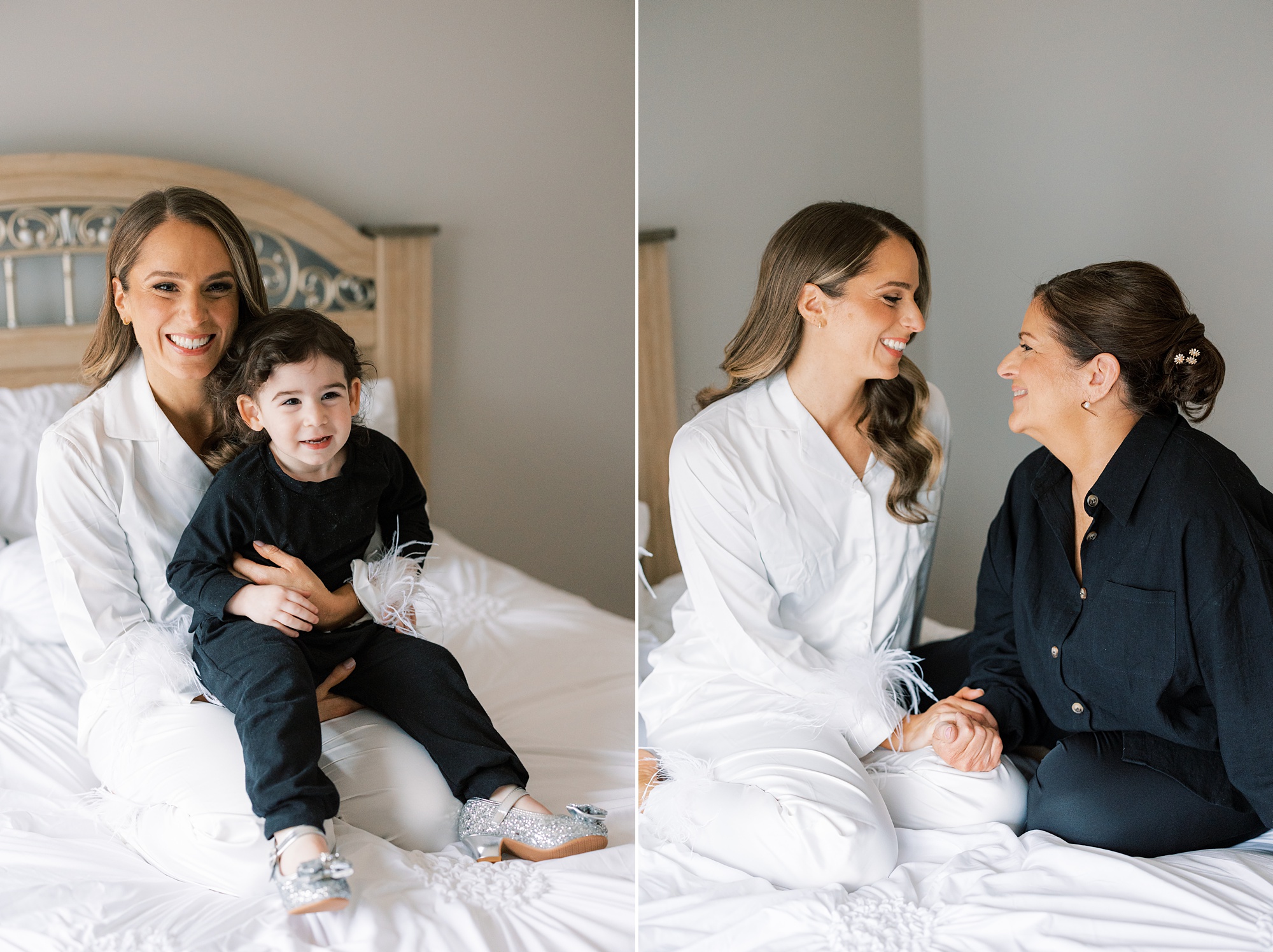 bride sits with mother and nephew during prep for NJ wedding 