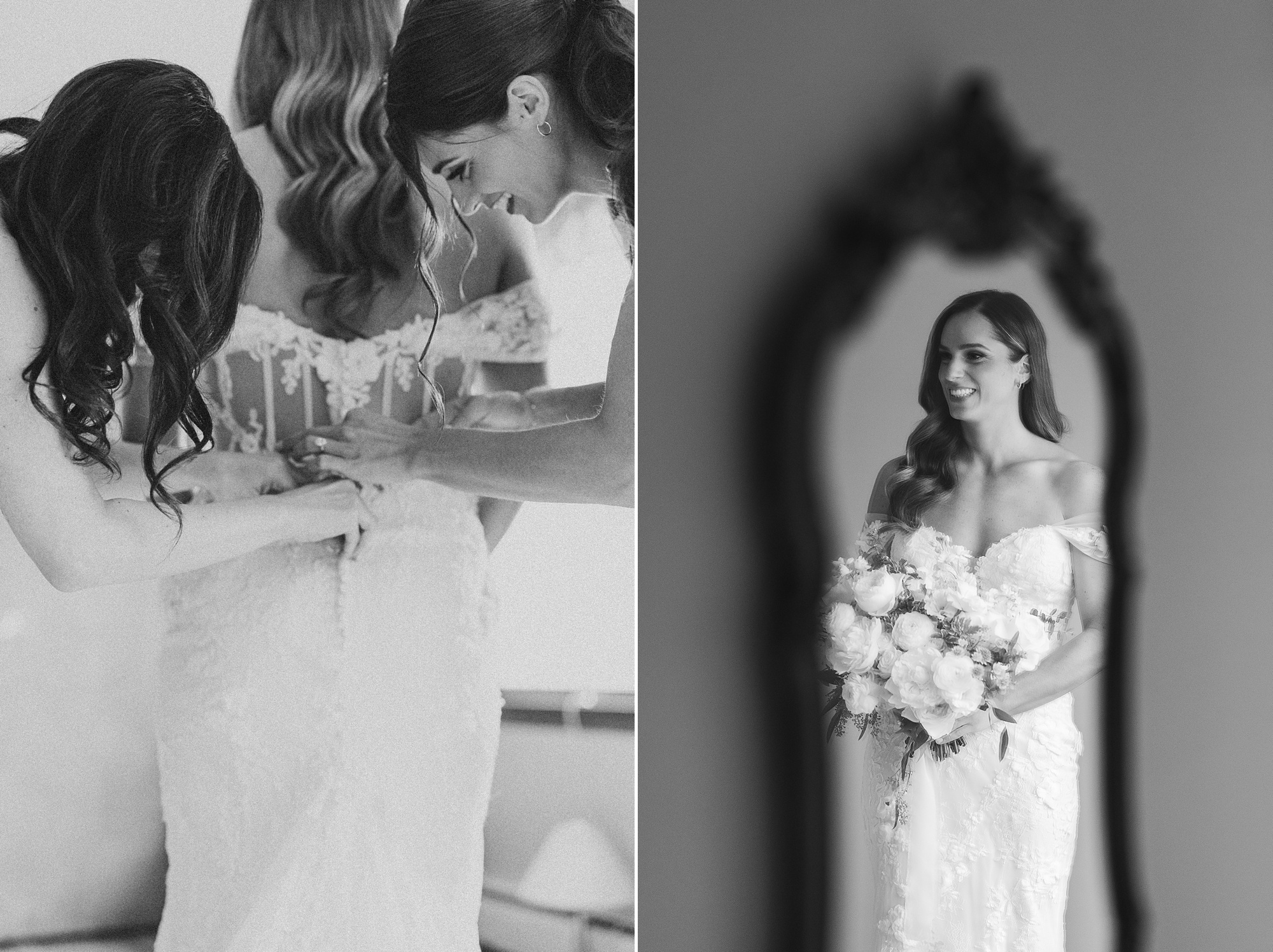 bridesmaids help bride into wedding gown in New Jersey home 