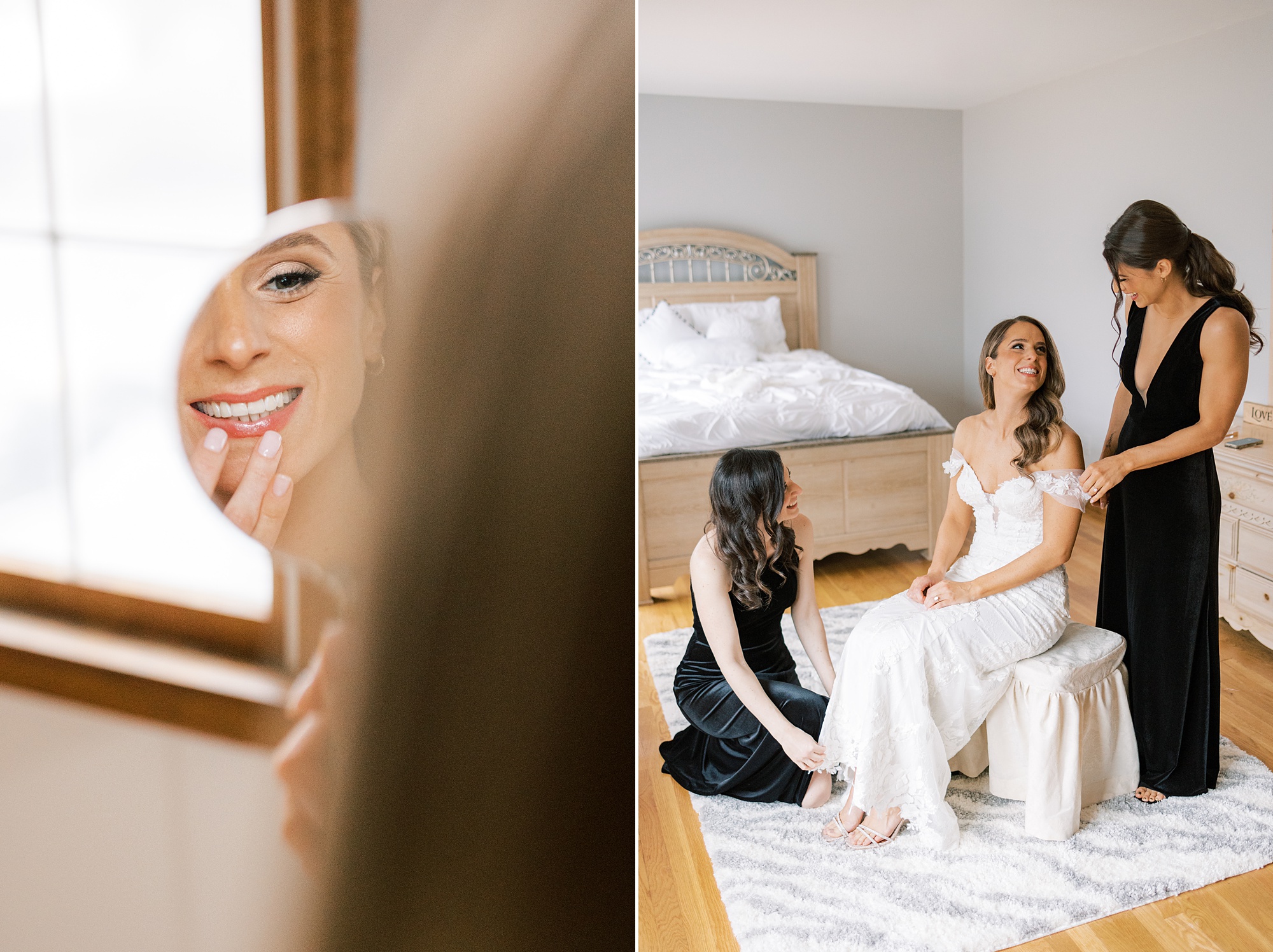 bridesmaids in black gowns help bride with wedding dress at home 