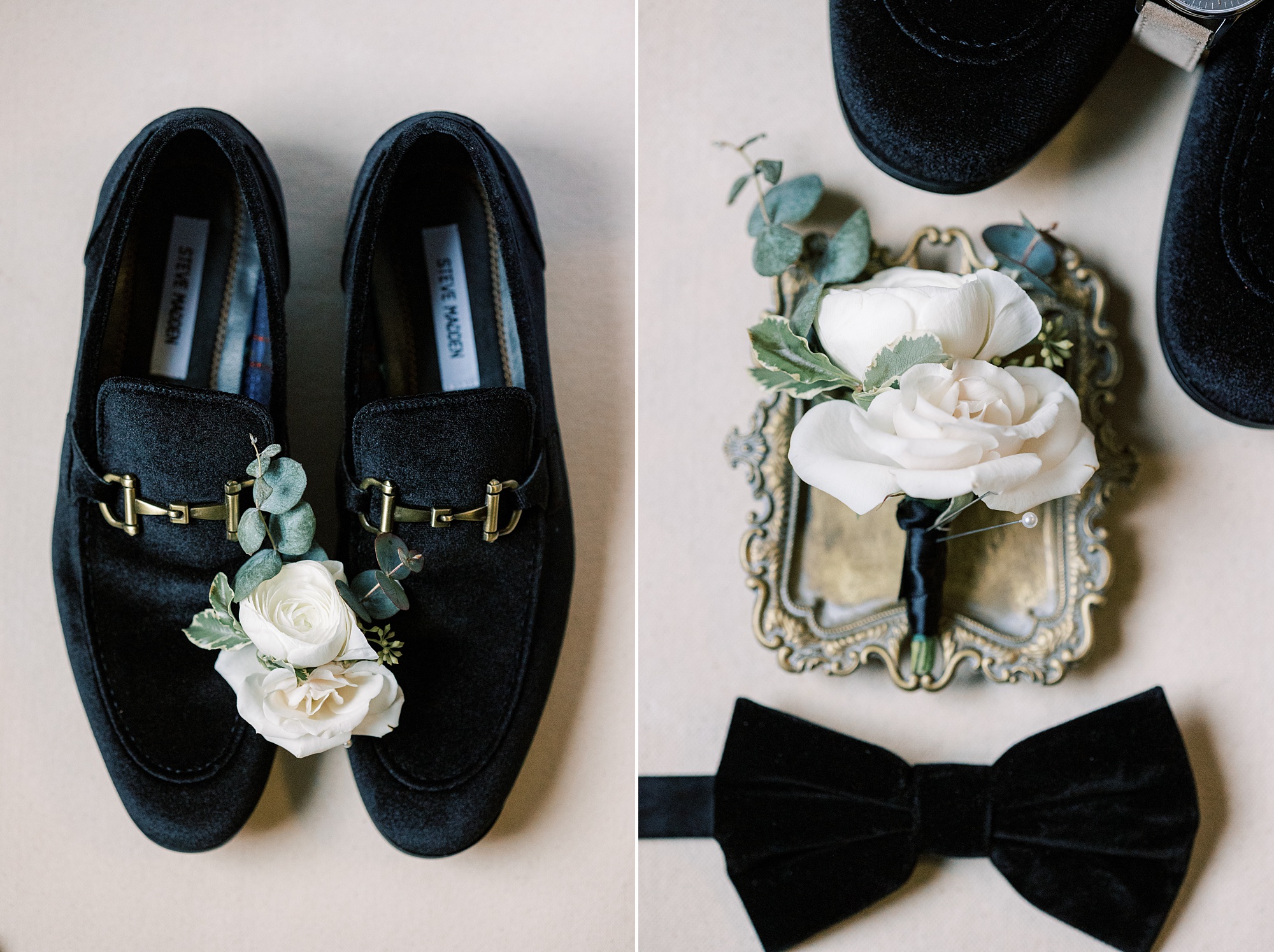groom's black shoes and velvet tie 