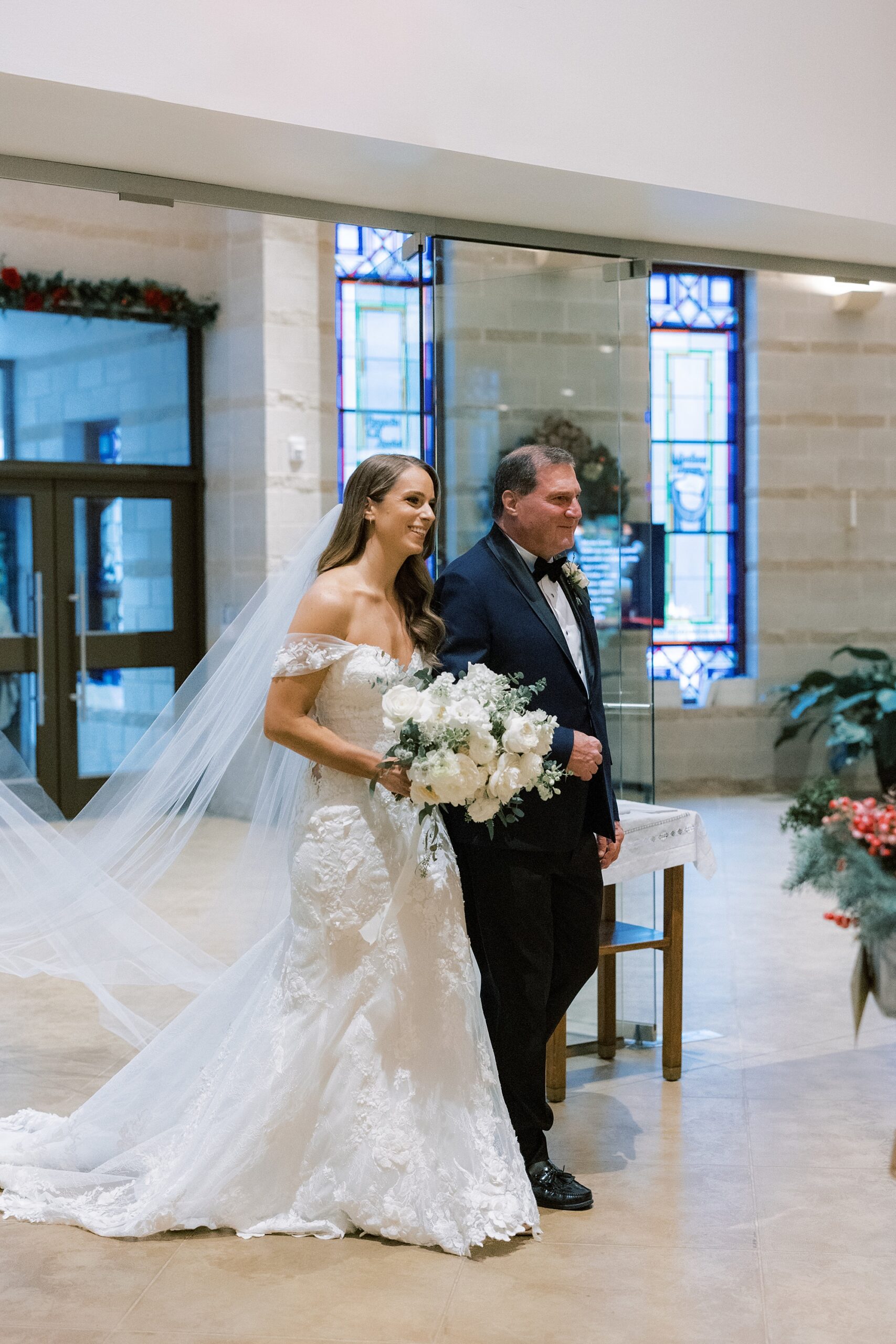 bride walks with father down aisle at St. Helen's Church in Westfield NJ