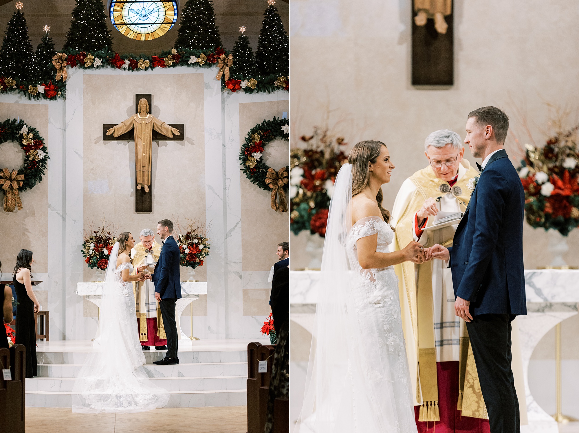 bride and groom hold hands by priest during wedding ceremony at St. Helen's Church in Westfield NJ