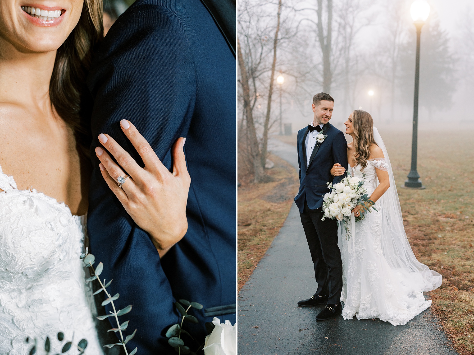 bride hugs groom's arm on foggy path in New Jersey park