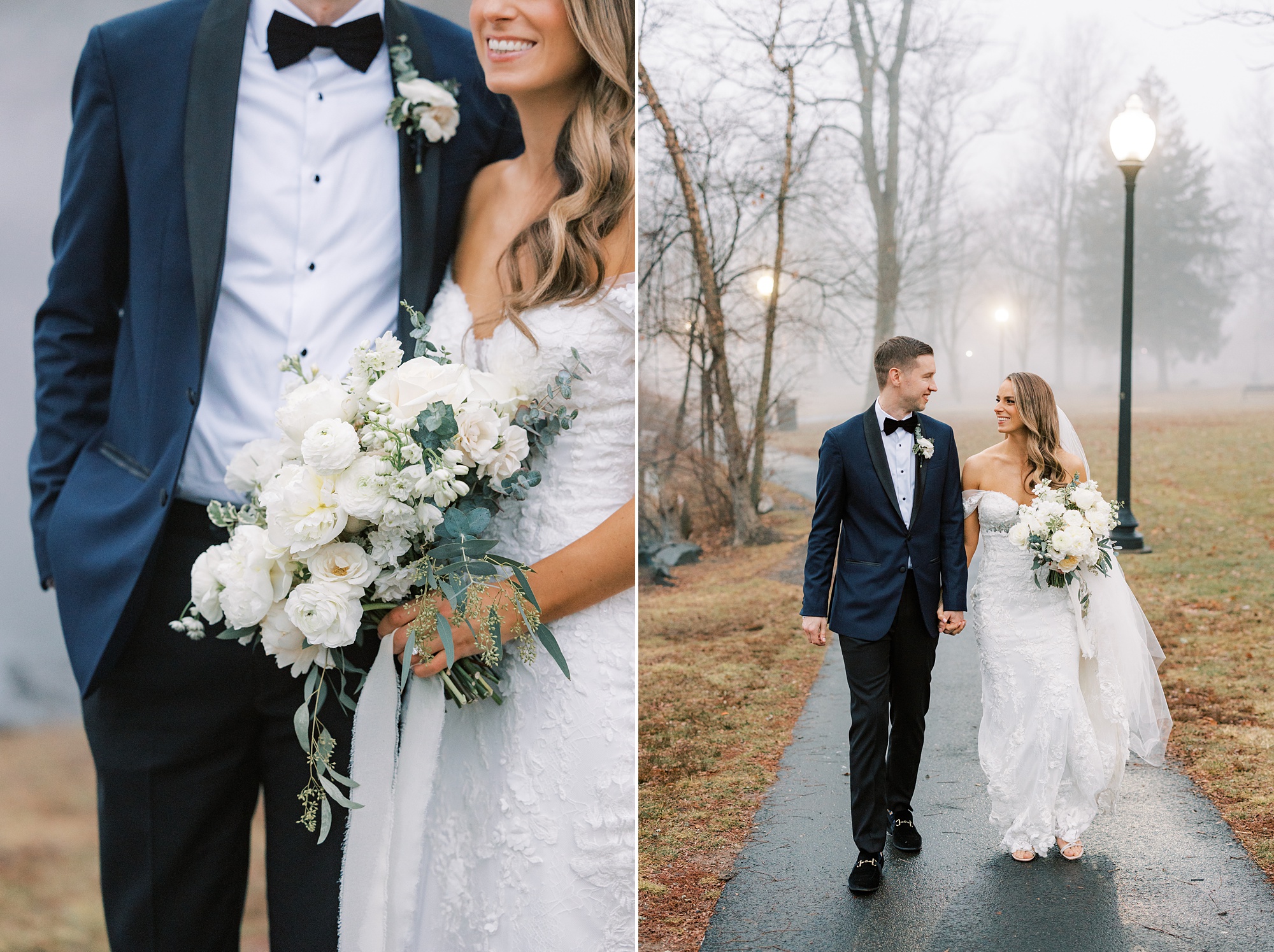 groom holds bride's hand walking down path in fog 