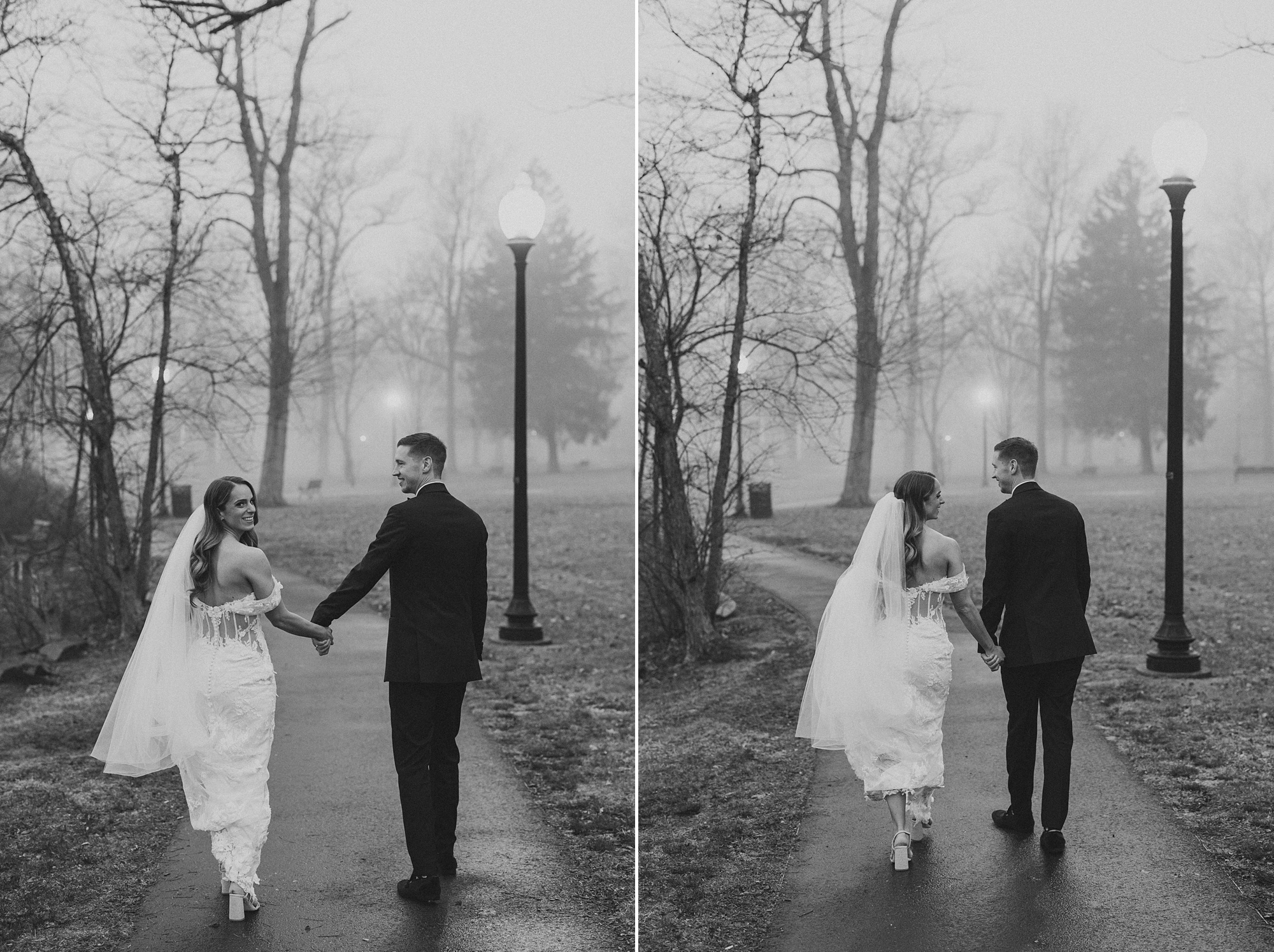 black and white portrait of bride and groom walking on sidewalk in New Jersey 