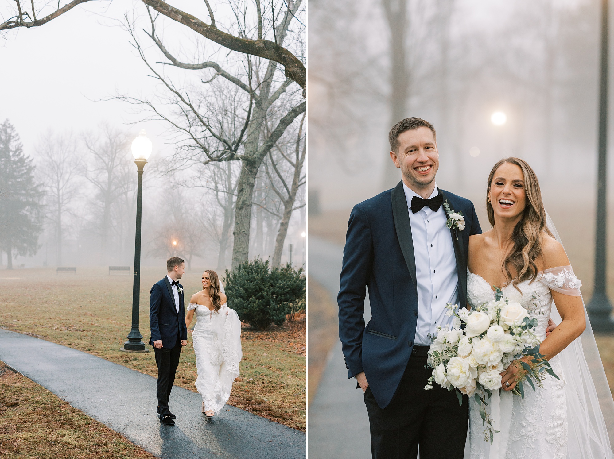 newlyweds hug on sidewalk during foggy wedding portraits 
