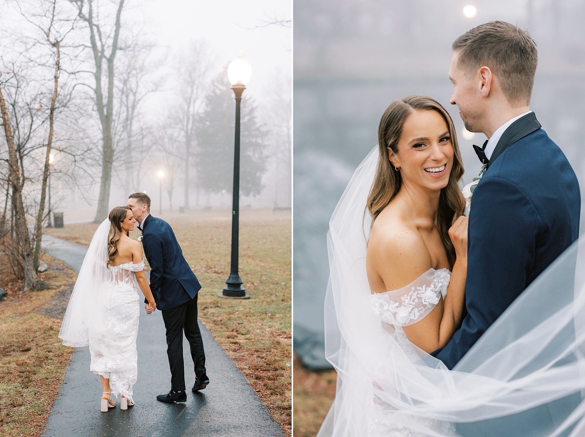 bride and groom hug in fog with veil around them at The Palace at Somerset Park