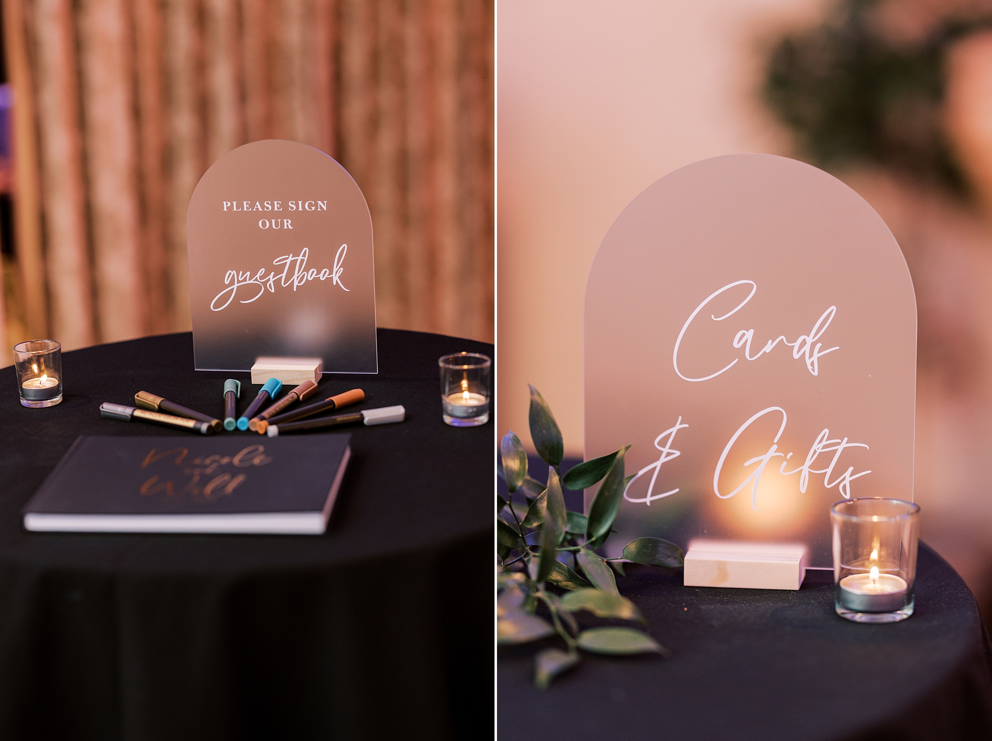 wedding reception signs on acrylic with candles 