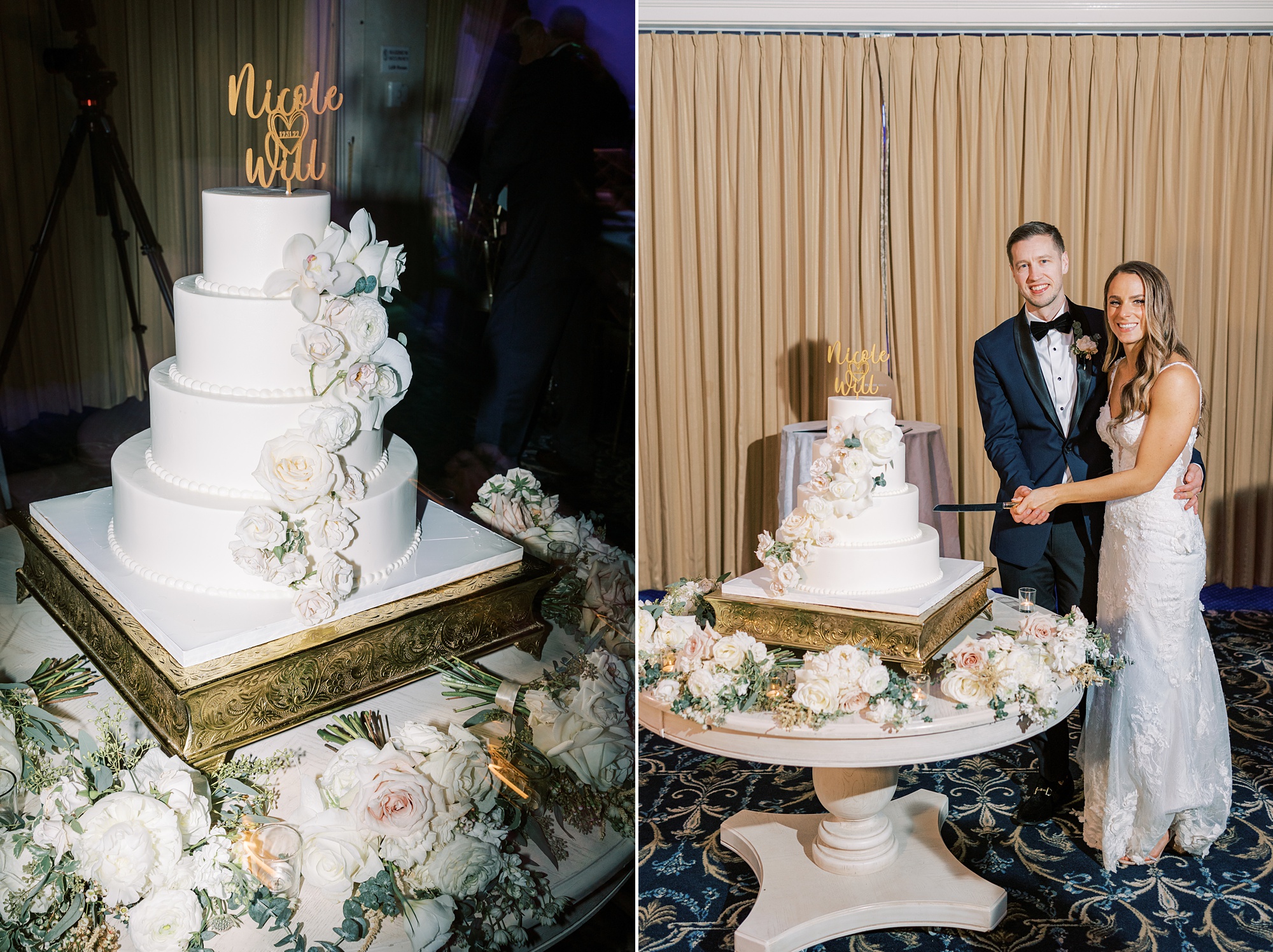 newlyweds cut wedding cake during New Jersey wedding reception 