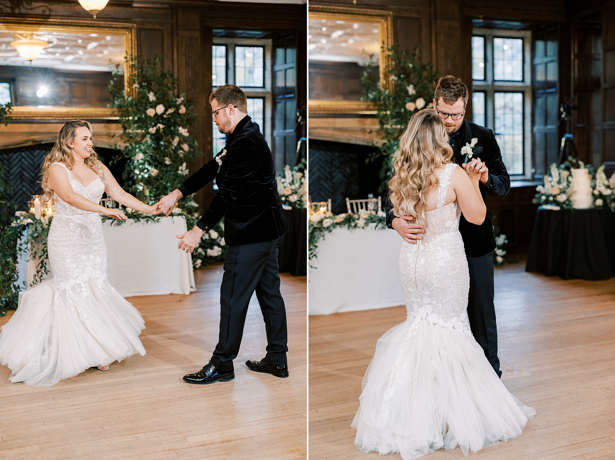 bride and groom dance during reception at Parque Ridley Creek