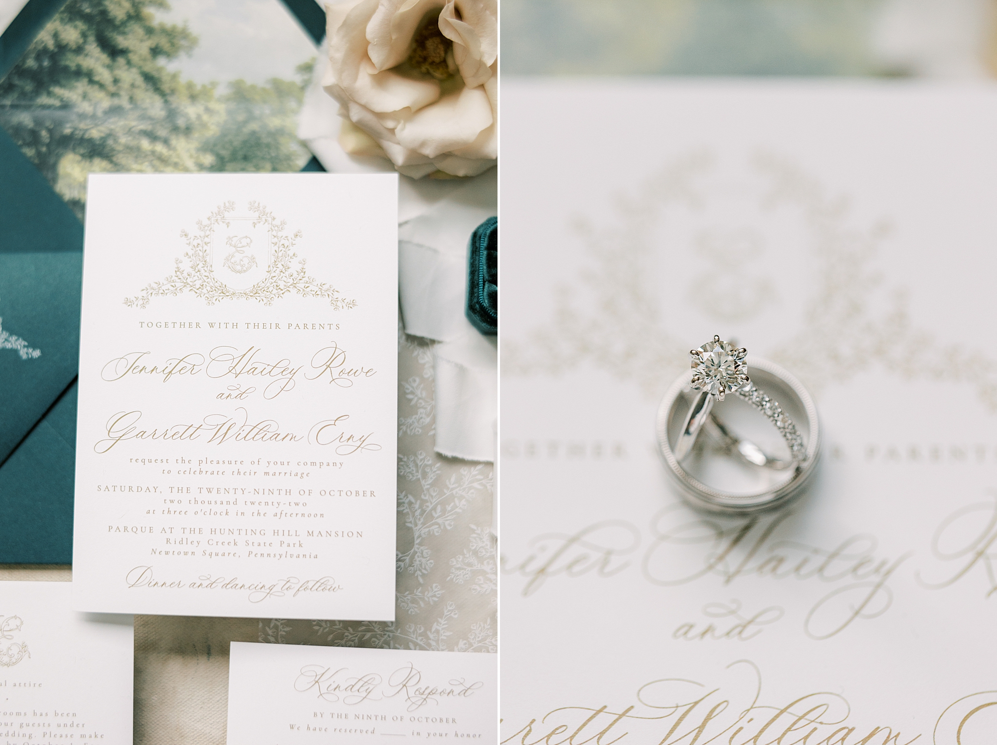 wedding rings rest on stationery with custom crest 