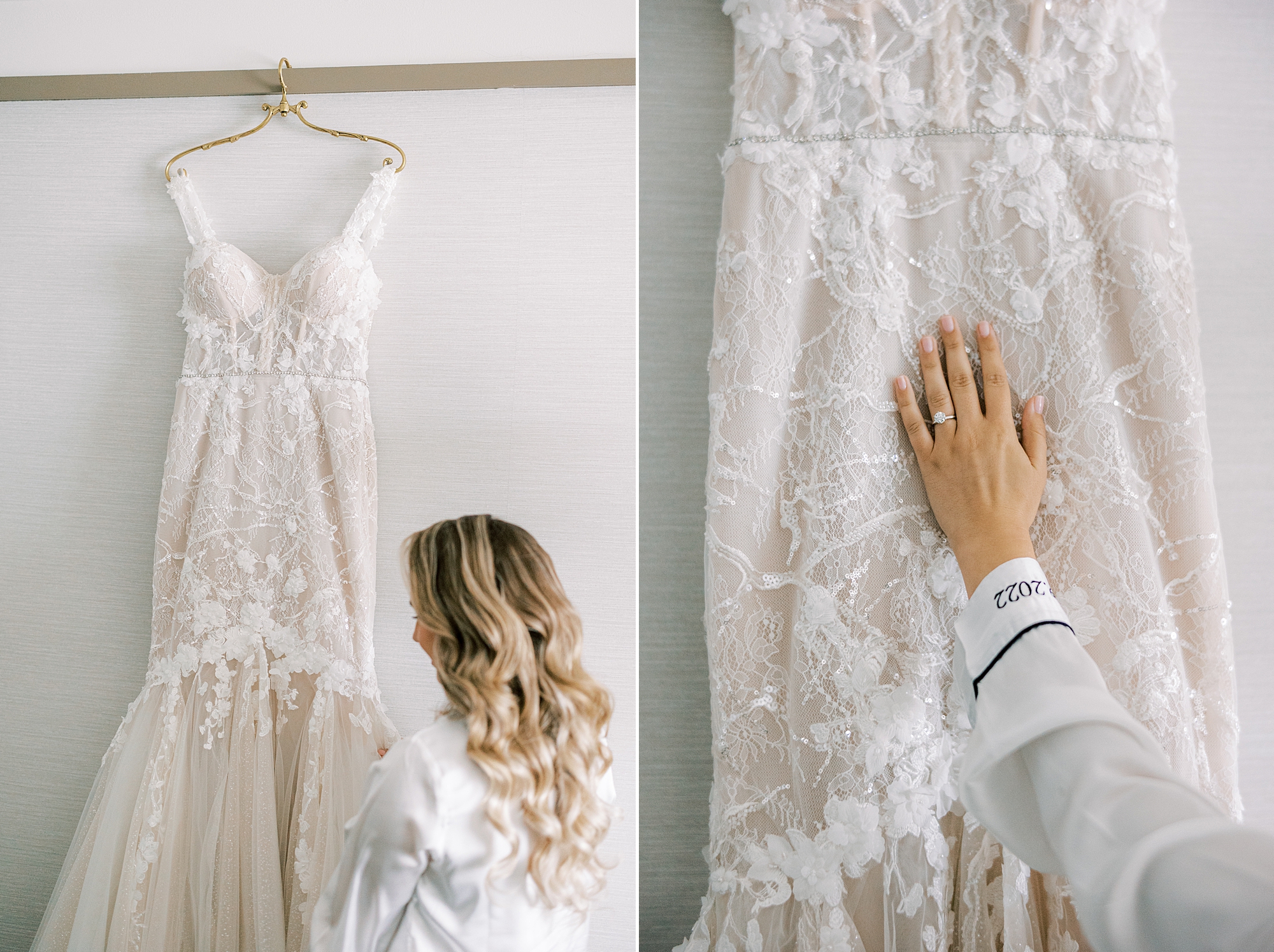 bride looks at lace skirt on wedding dress hanging in suite at Parque Ridley Creek