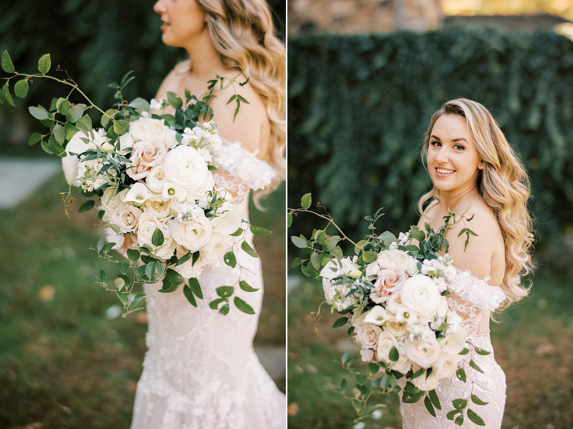 bride in off-the-shoulder wedding gown holds pastel bouquet in arms 