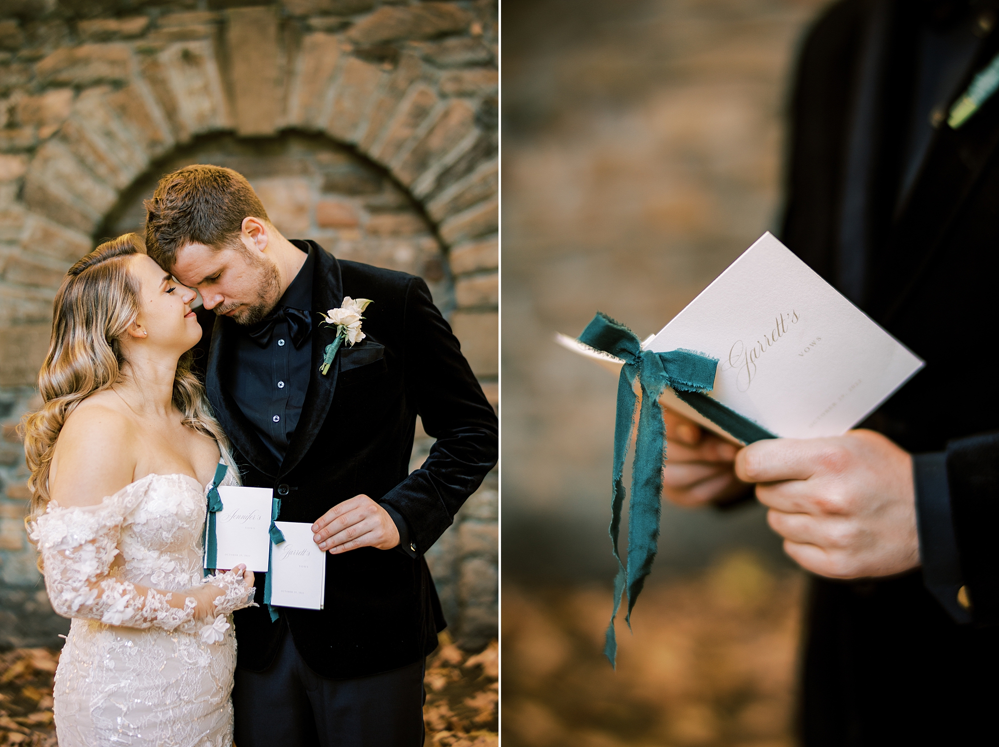 groom holds vow booklet reading to bride during first look 