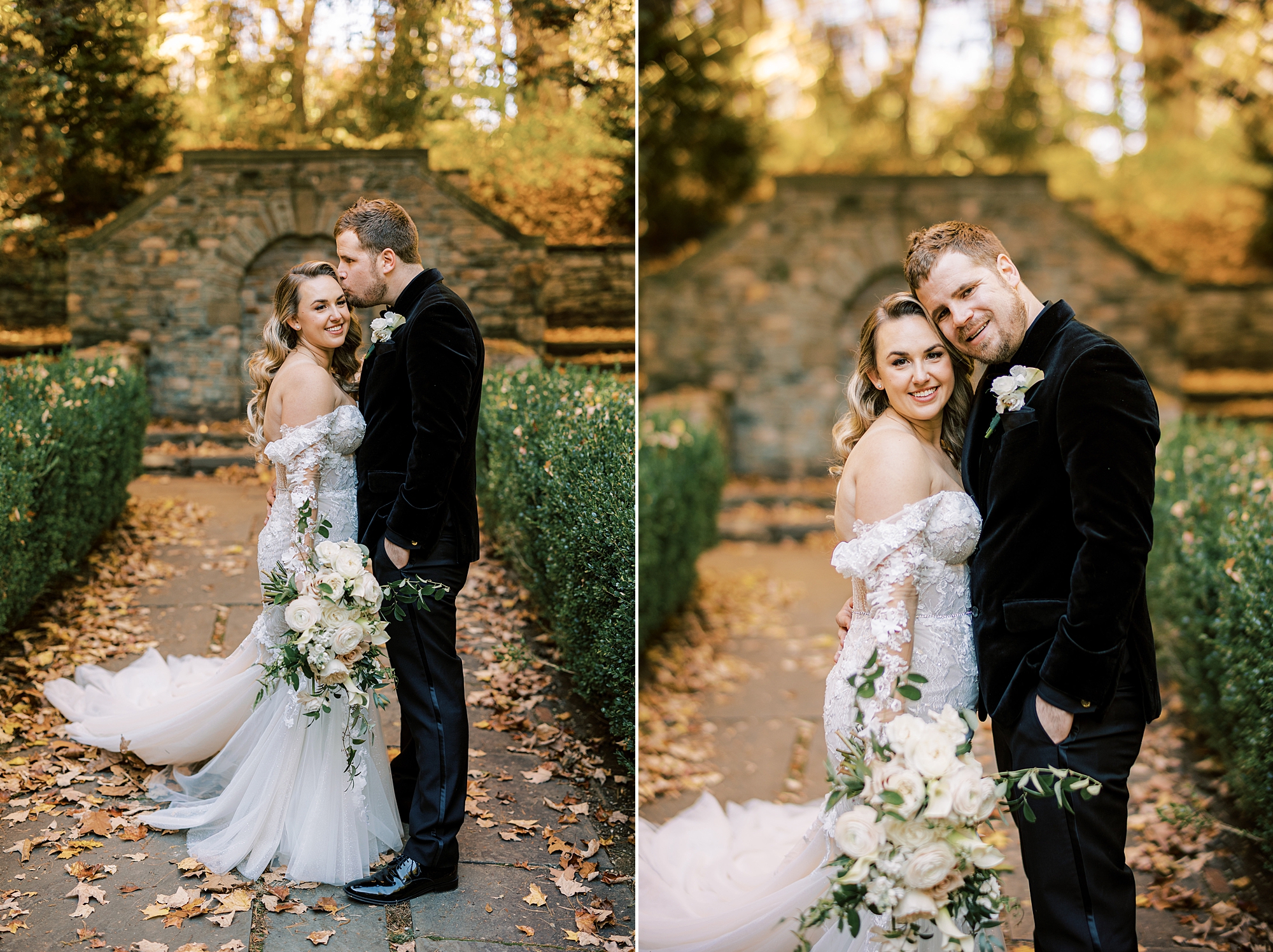 newlyweds hug in front of stone wall in garden at Parque Ridley Creek
