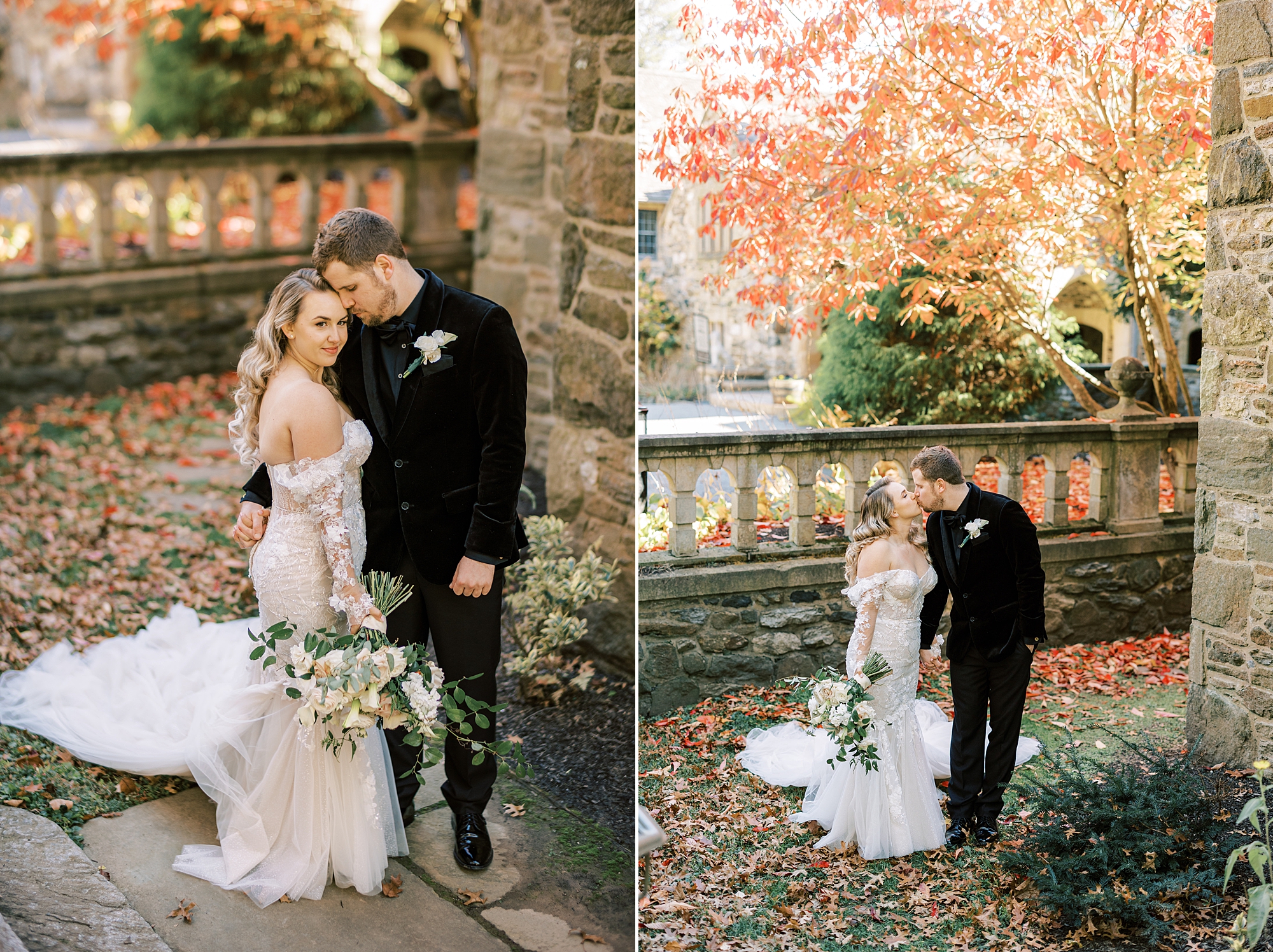 newlyweds kiss along walkway with stone railing at Parque Ridley Creek