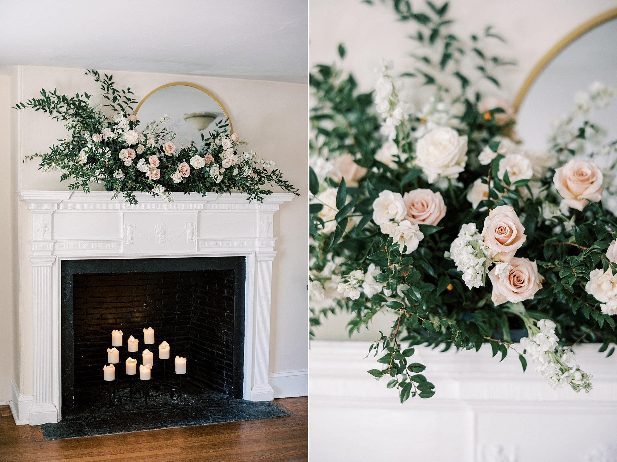 white and pink roses on fireplace at Parque Ridley Creek