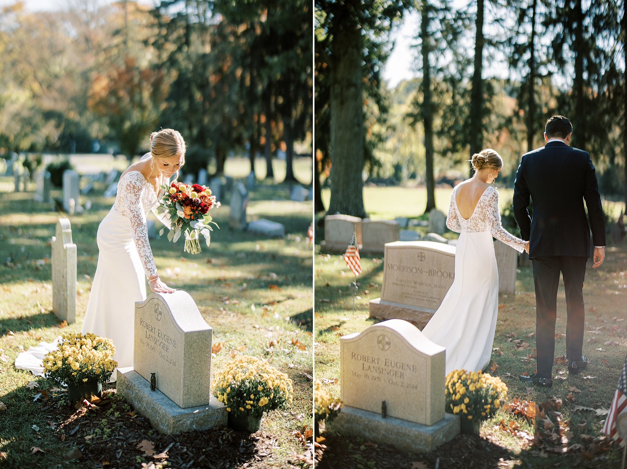 bride reaches to touch father's headstone at St. David’s Episcopal Church 
