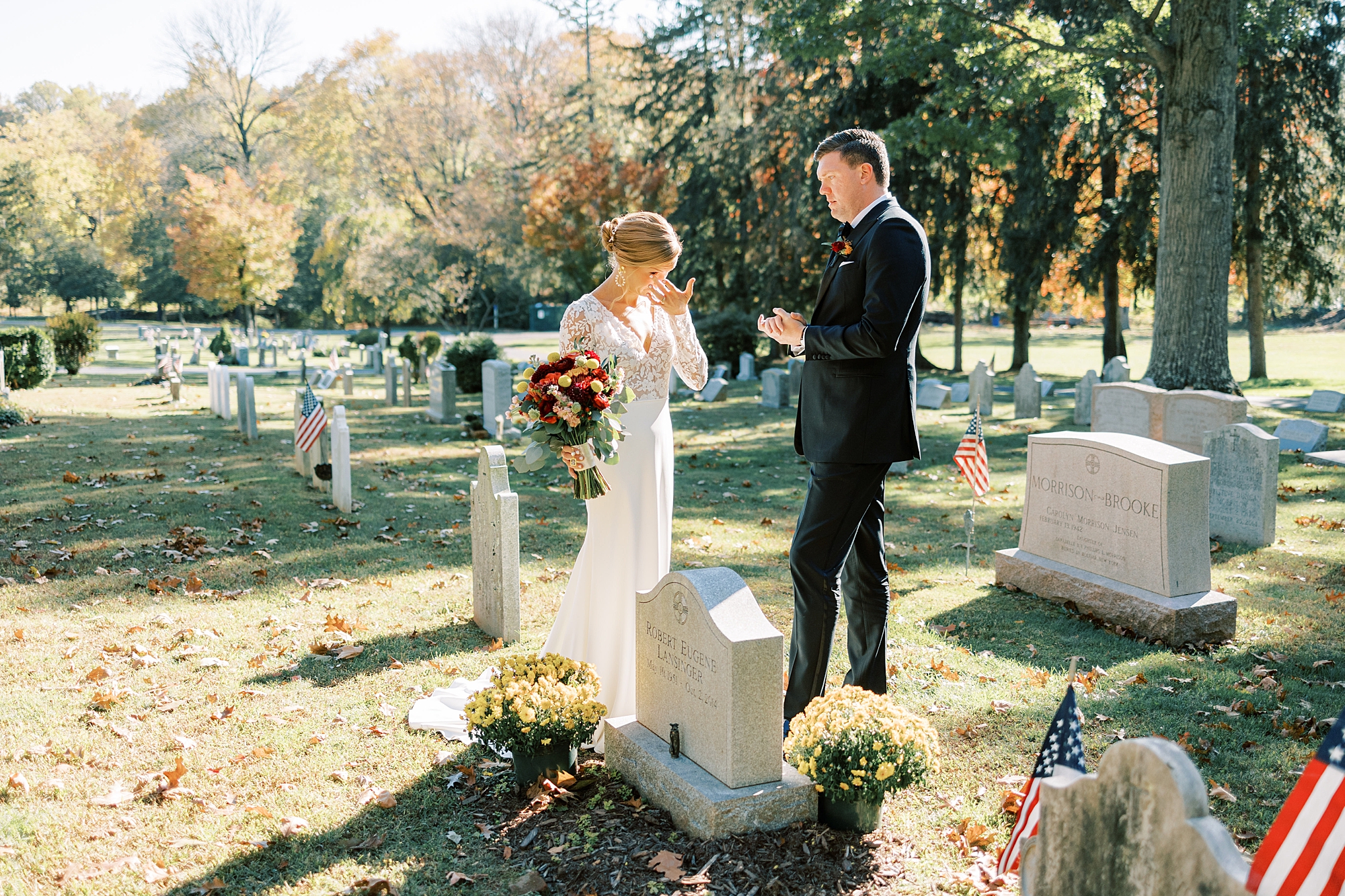 bride and groom cry visiting her father's gravesite at St. David’s Episcopal Church 
