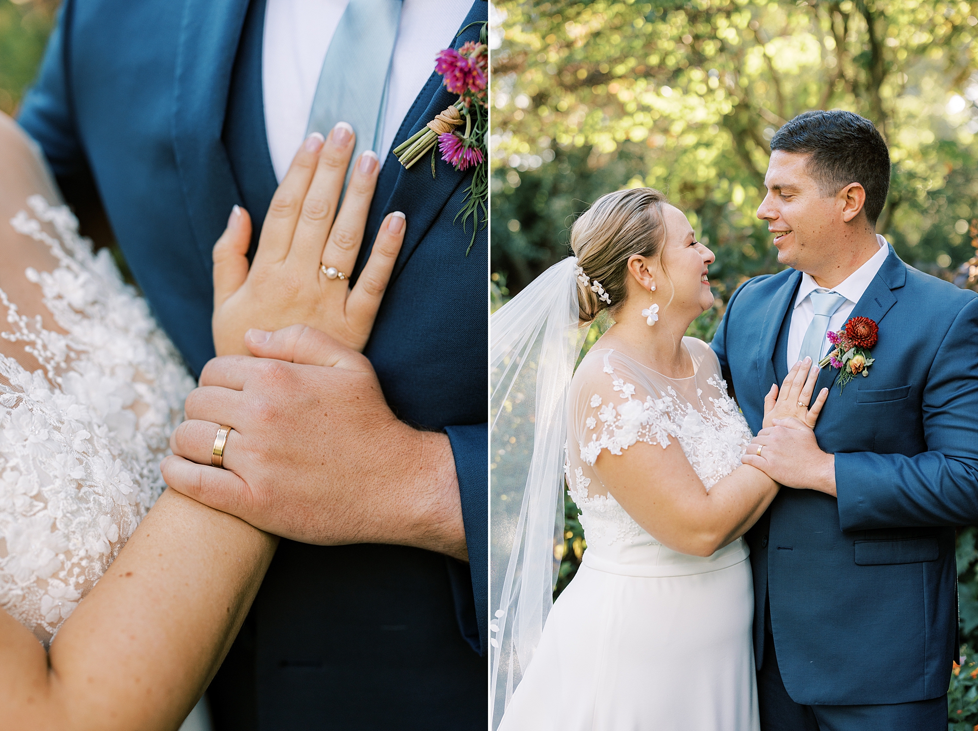 bride lays hand on groom's chest showing off rings 