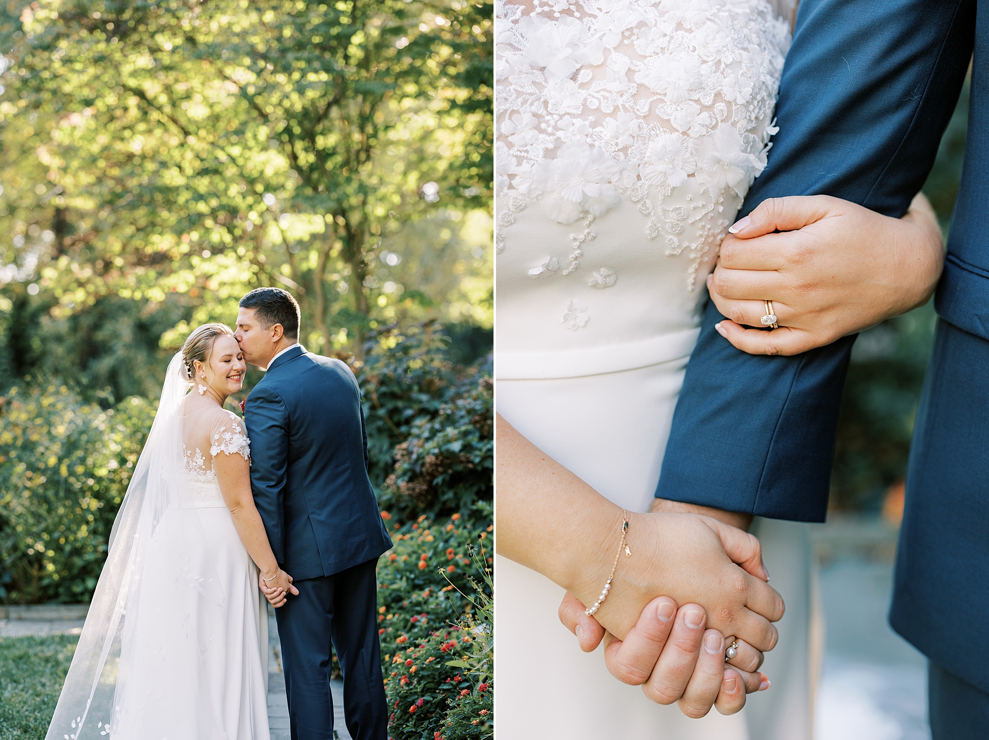 bride and groom hold hands in garden of Greenville Country Club 