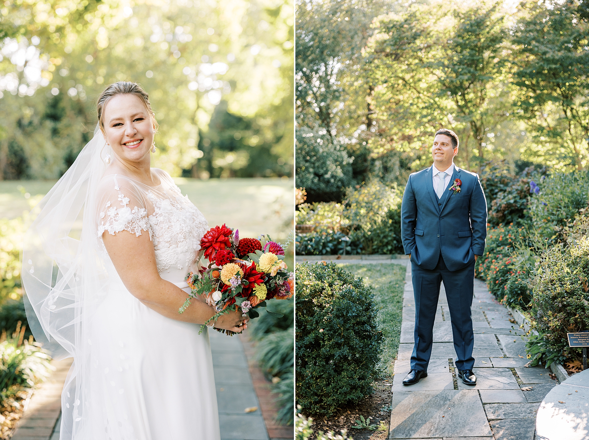 bride and groom stand on pathway at St. Ann’s Roman Catholic Church