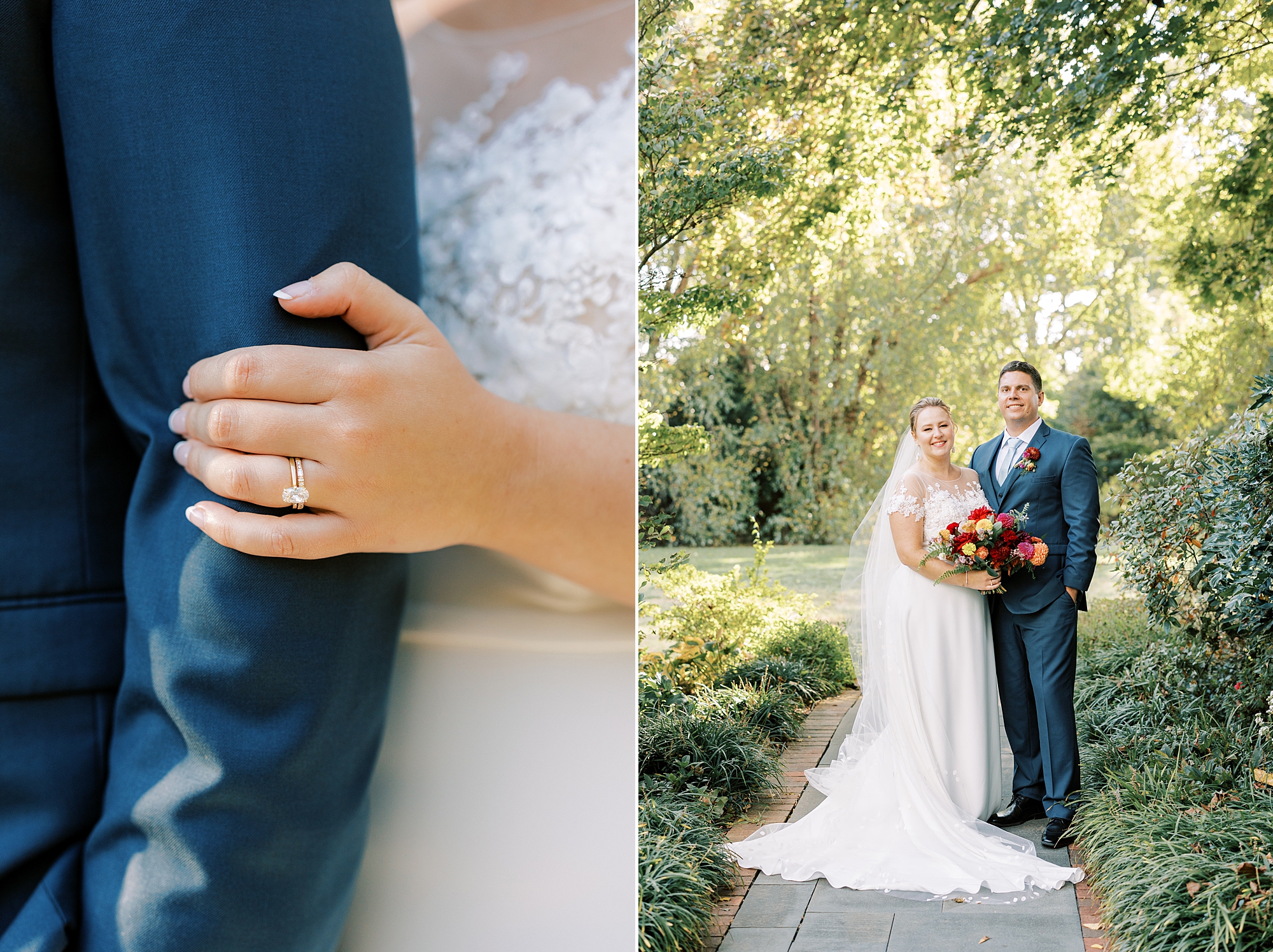 bride holds groom's arm in blue suit showing off ring 