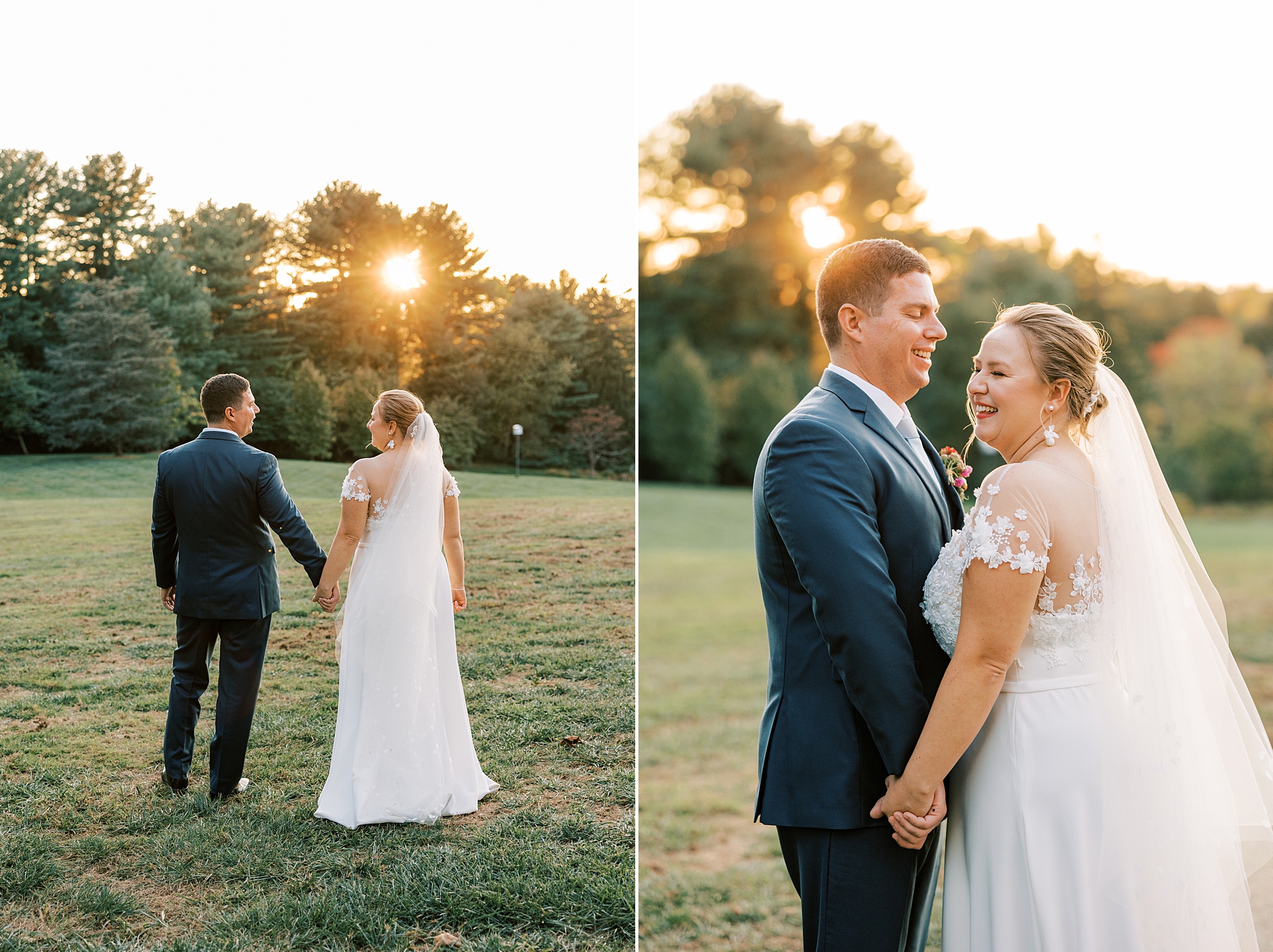 bride and groom laugh at sunset on lawn at Greenville Country Club