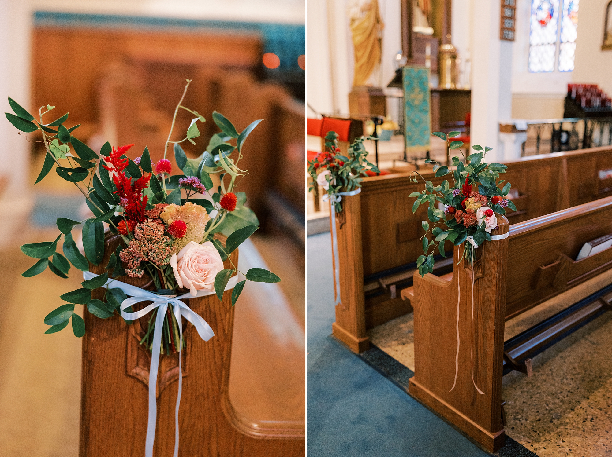 pink and peach flowers rest on wooden pews at St. Ann’s Roman Catholic Church