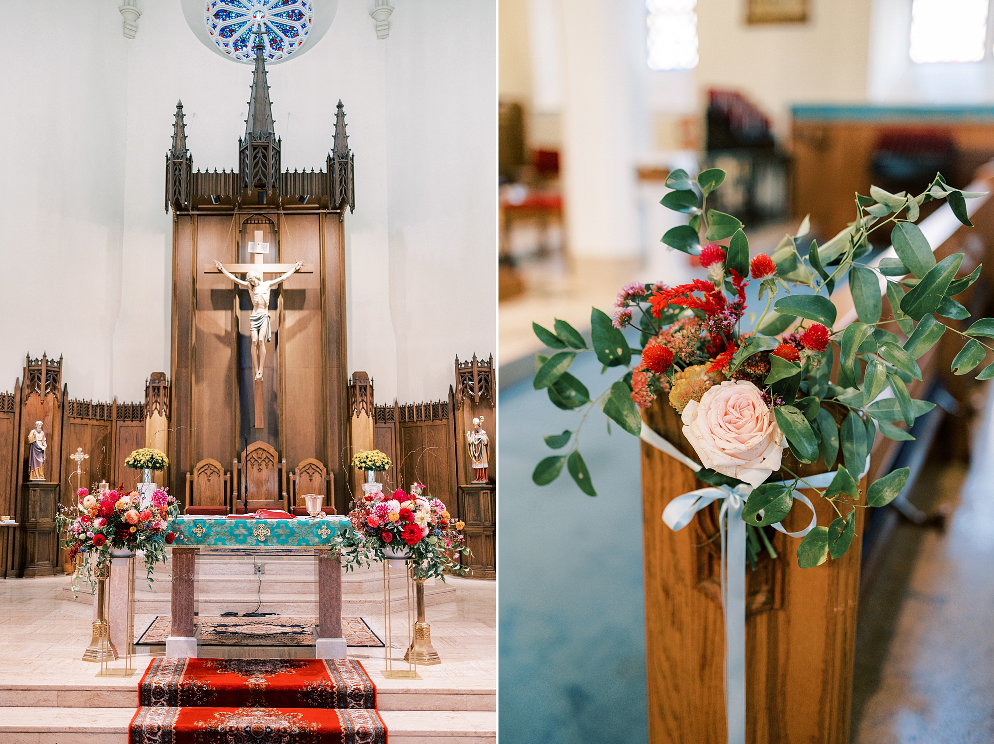 pink and peach flowers on pews at St. Ann’s Roman Catholic Church