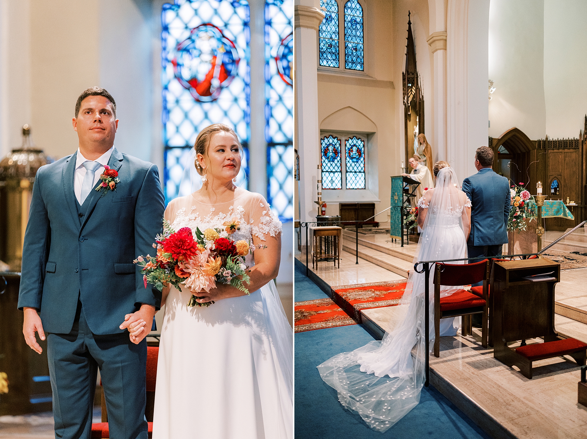 newlyweds stand in front of stained glass windows in St. Ann’s Roman Catholic Church