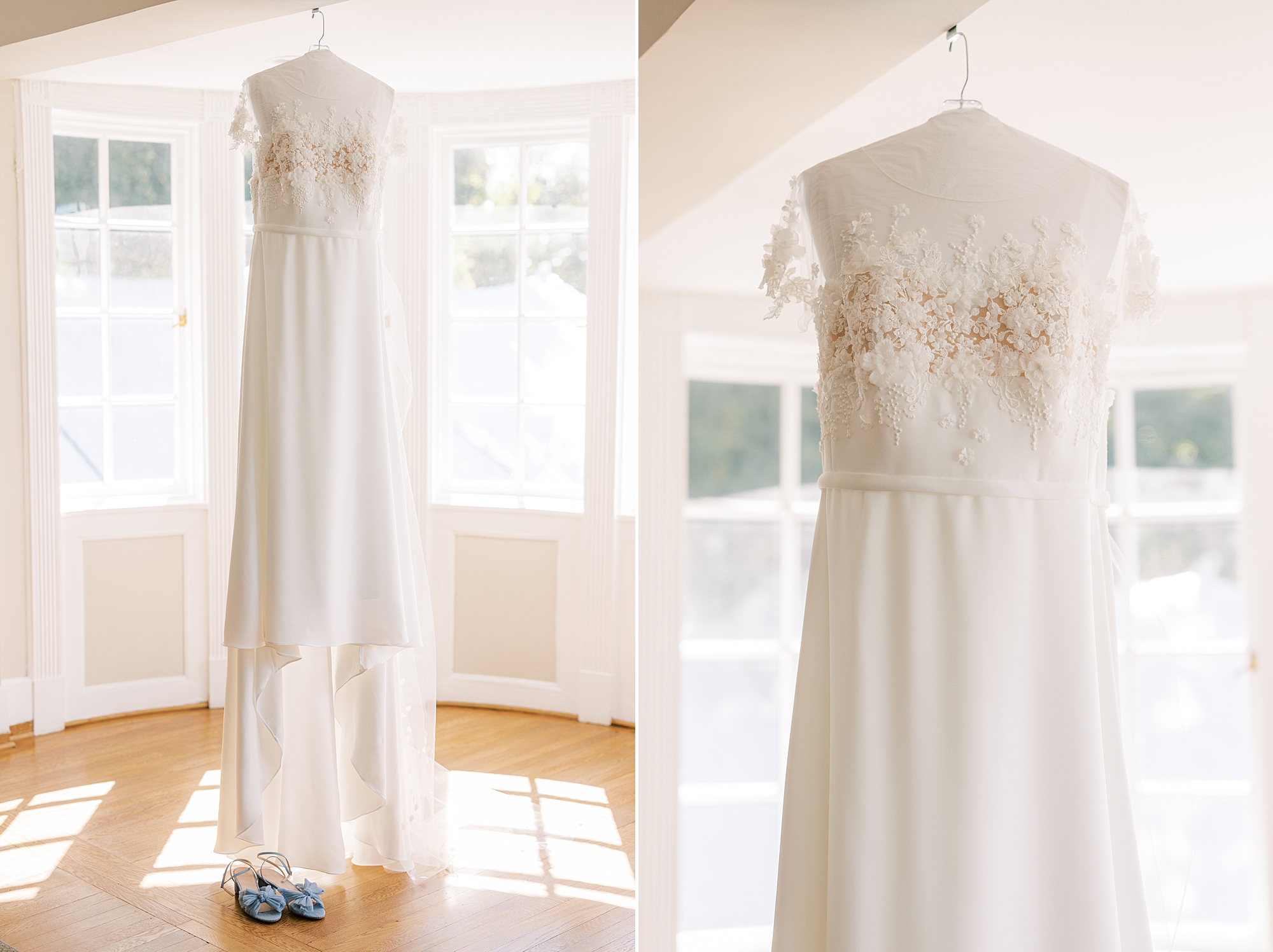 wedding dress with lace bodice hangs in suite 