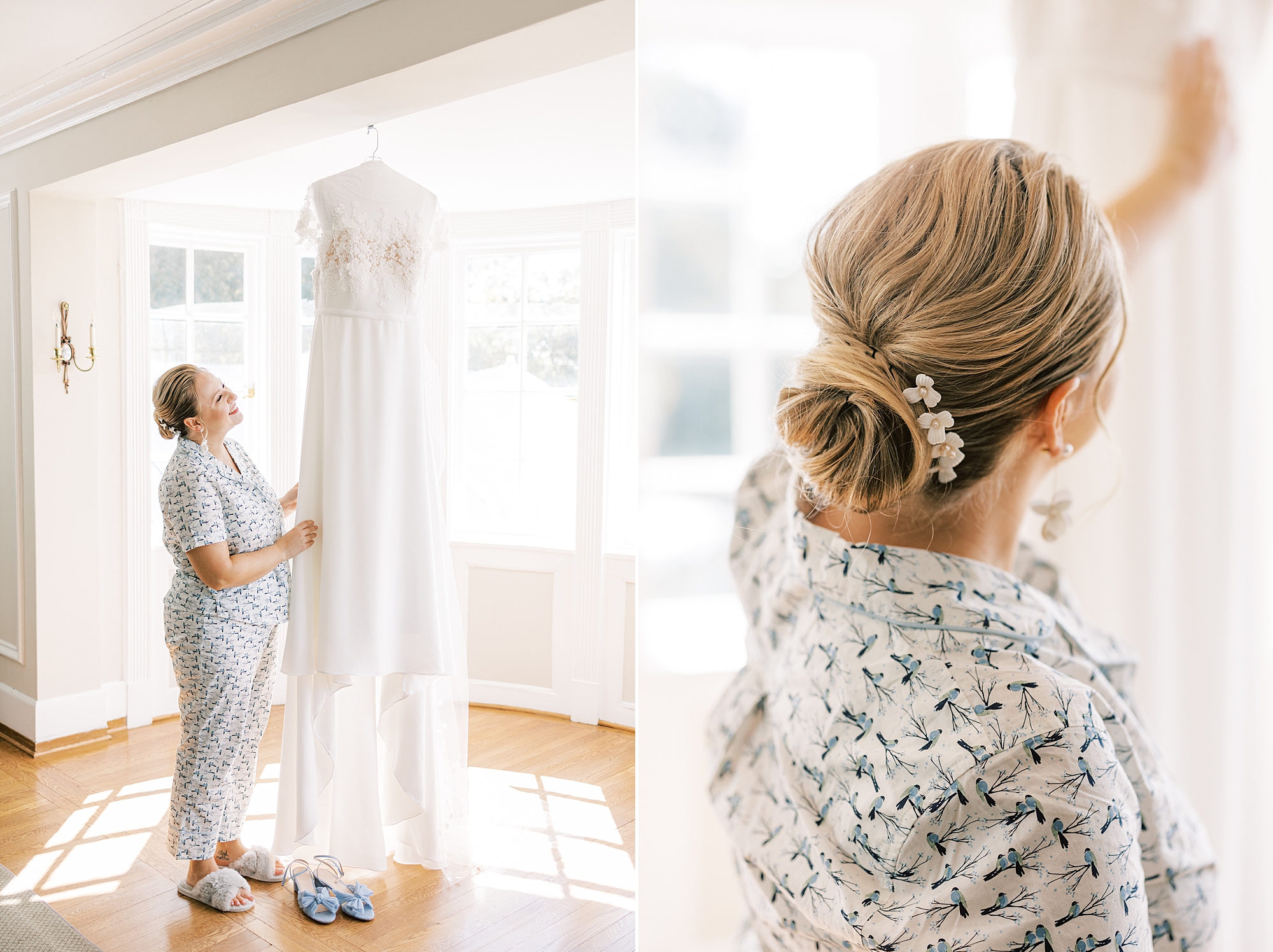 blonde bride looks up at wedding dress hanging in window 