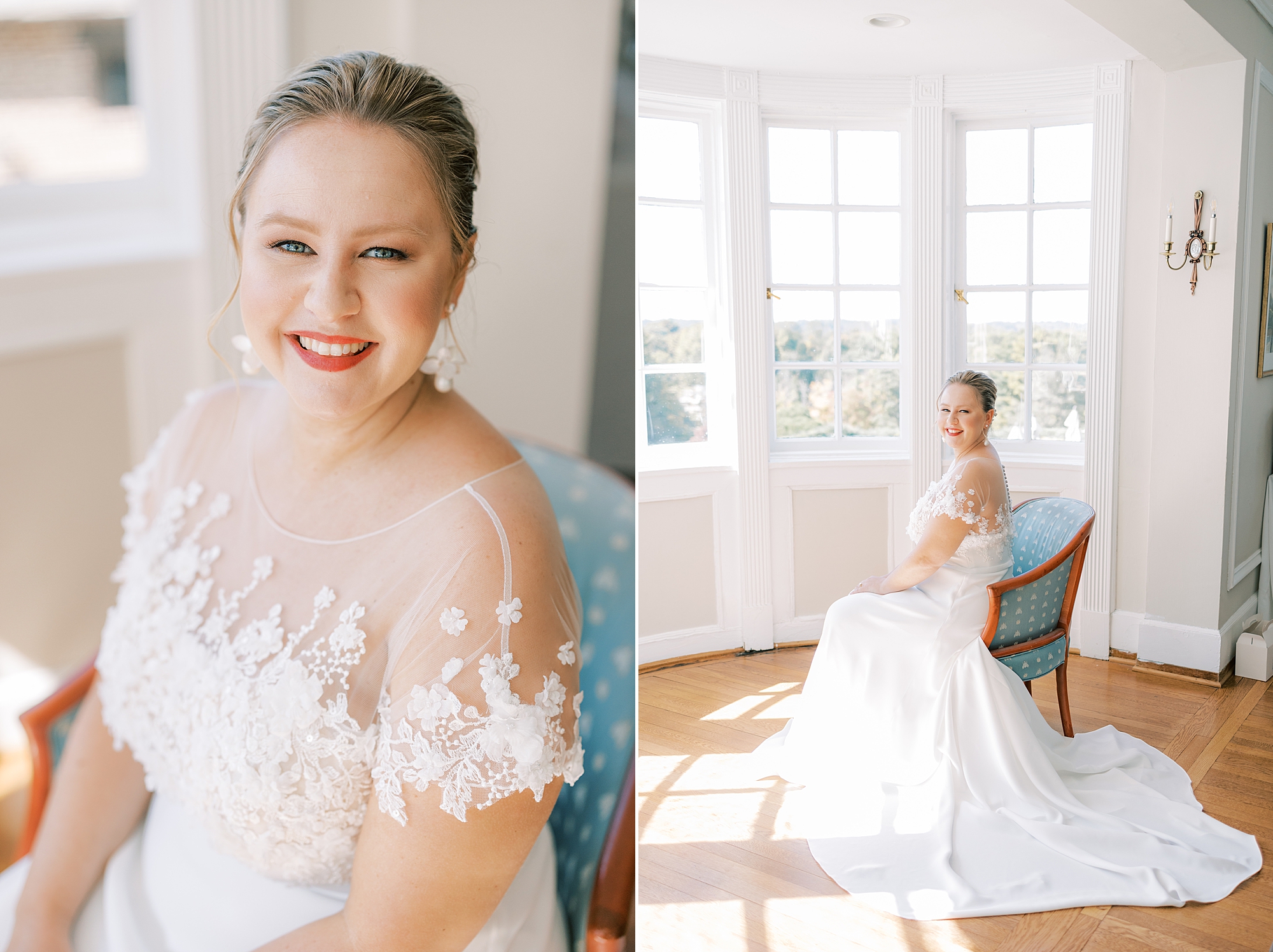 bride sits in blue chair by window in wedding dress with lace bodice cover 