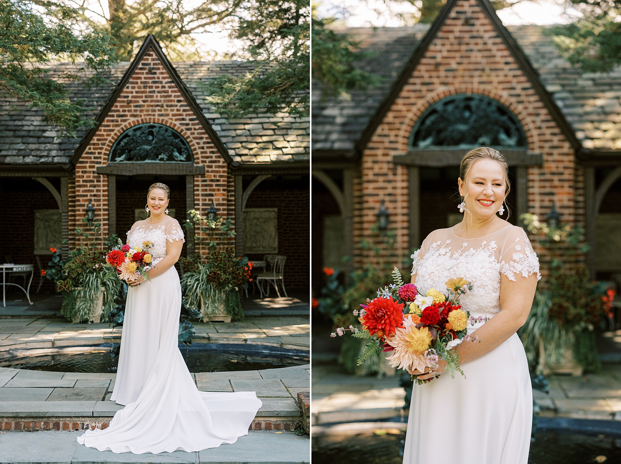 bride stands in front of stone window at Greenville Country Club