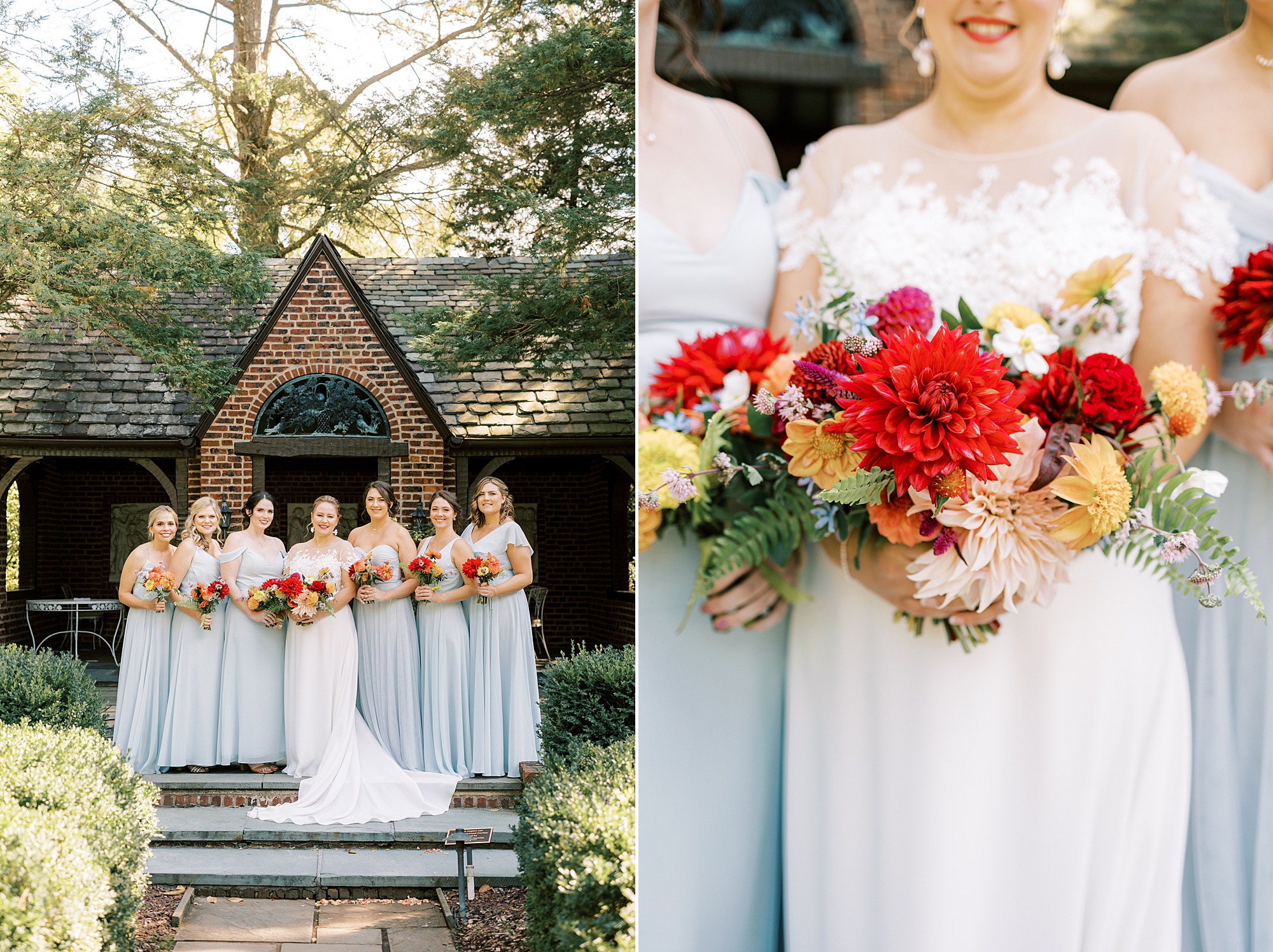 bride poses with bridesmaids in blue gowns with red and yellow flowers 
