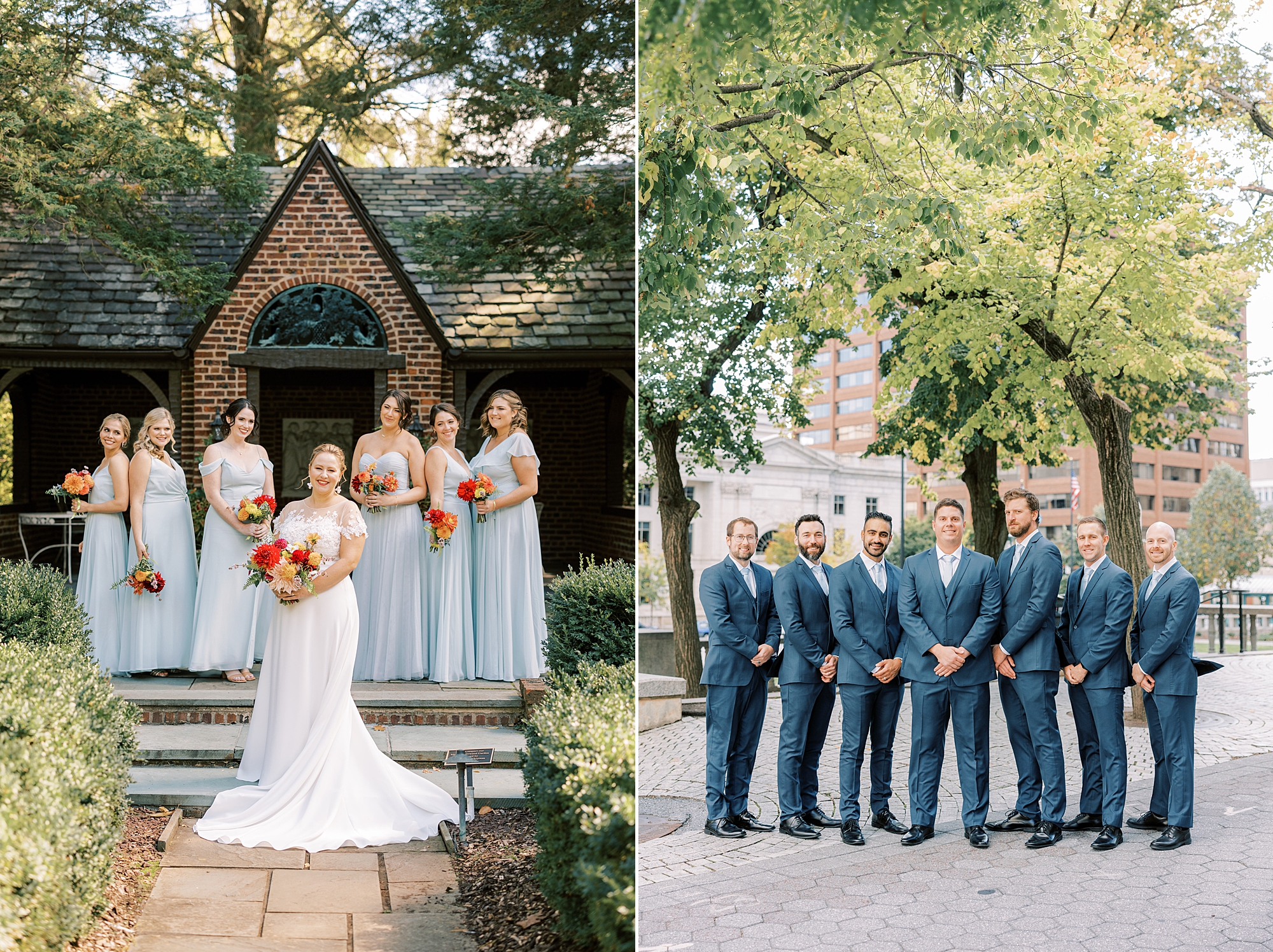 bride stands with bridesmaids in blue gowns at Greenville Country Club