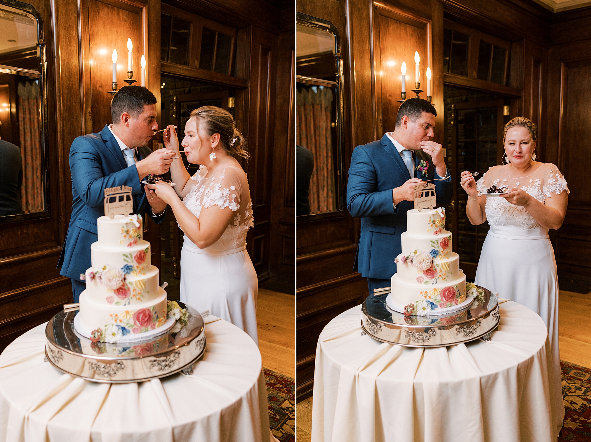 bride and groom eat wedding cake at Greenville Country Club