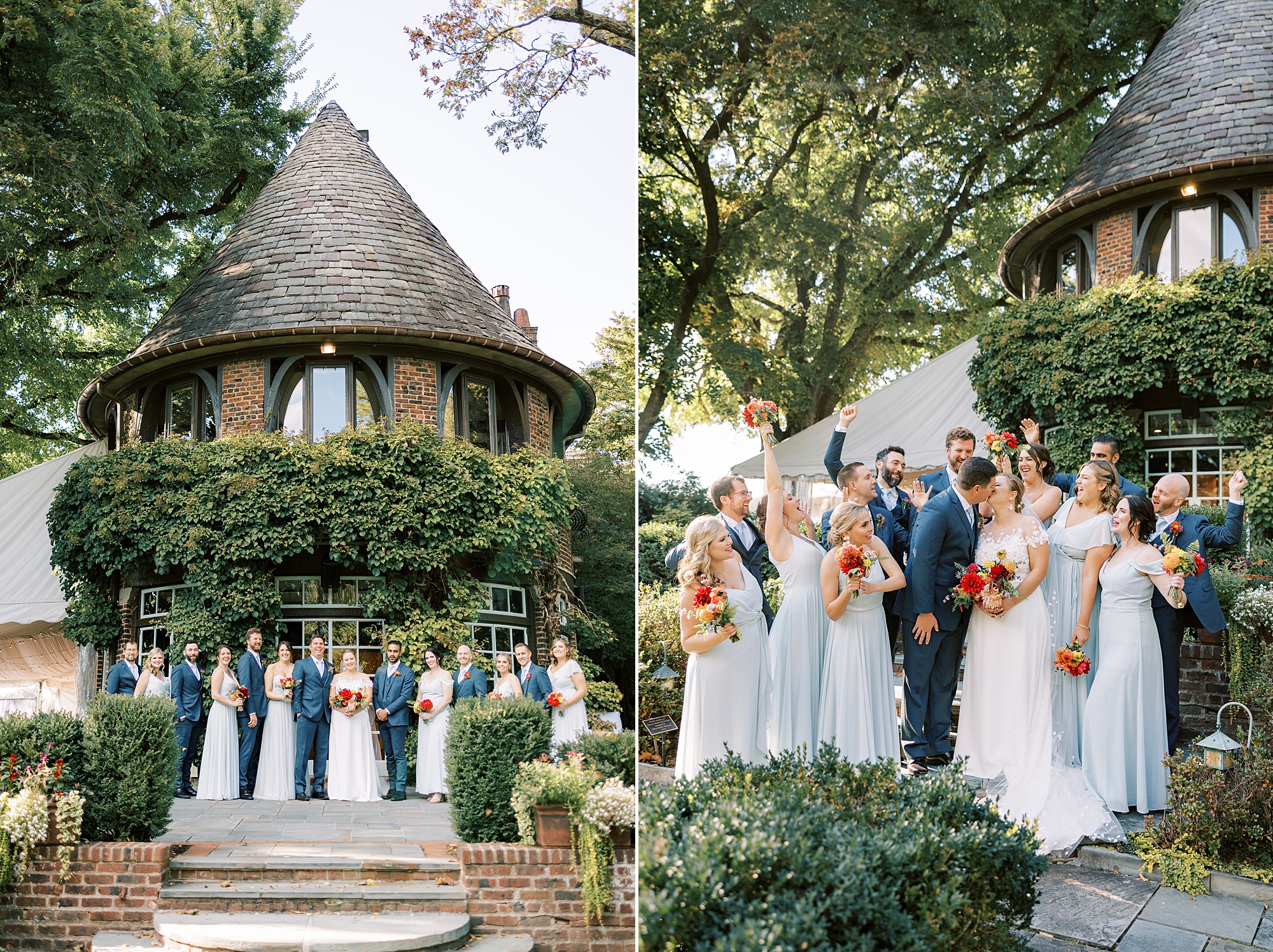 newlyweds pose with wedding party near turrets at Greenville Country Club