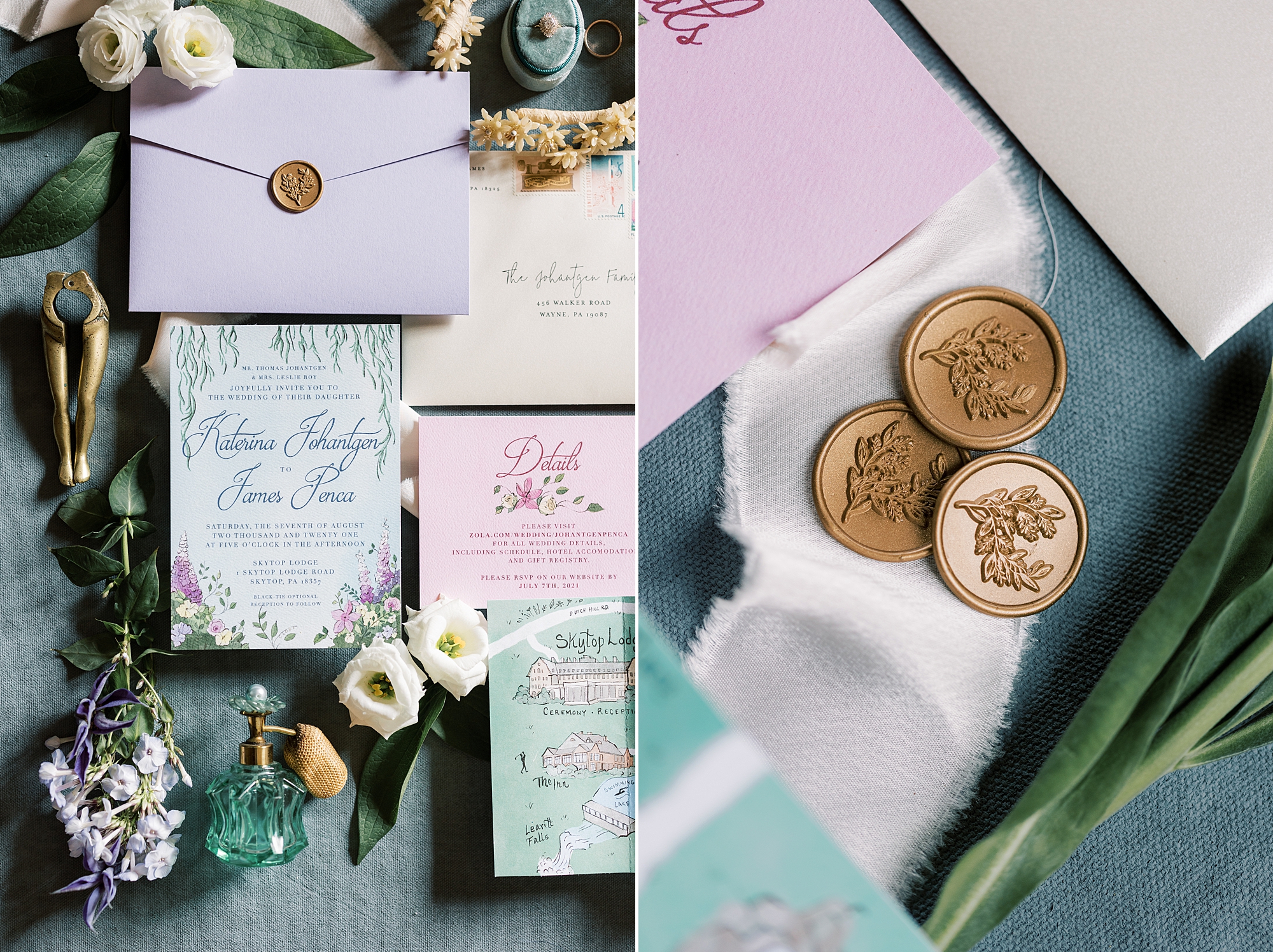 pastel wedding invitations with gold wax seals 