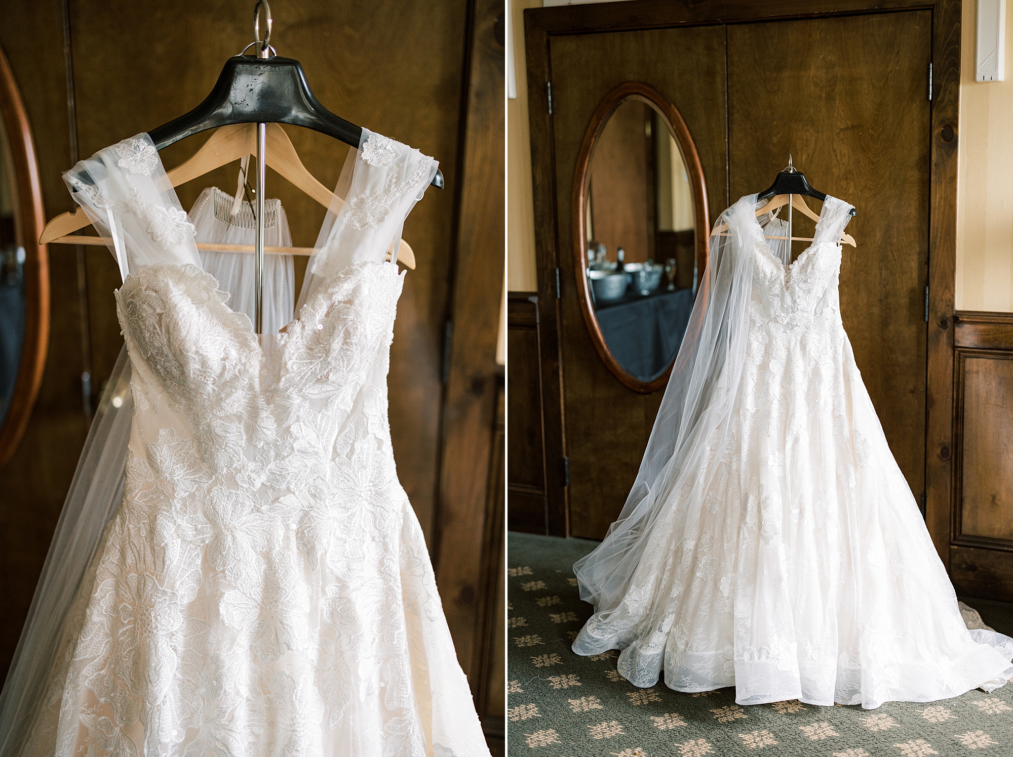 bride's wedding dress hangs on custom wood hanger 