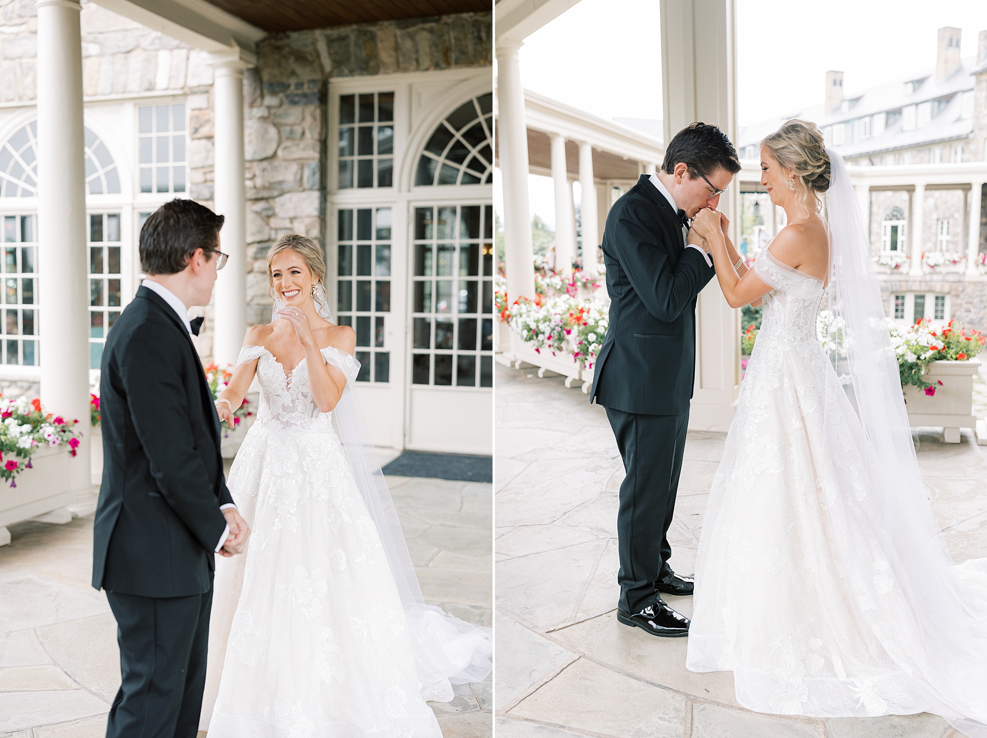 groom turns to see bride and kisses her hand during first look at Skytop Lodge