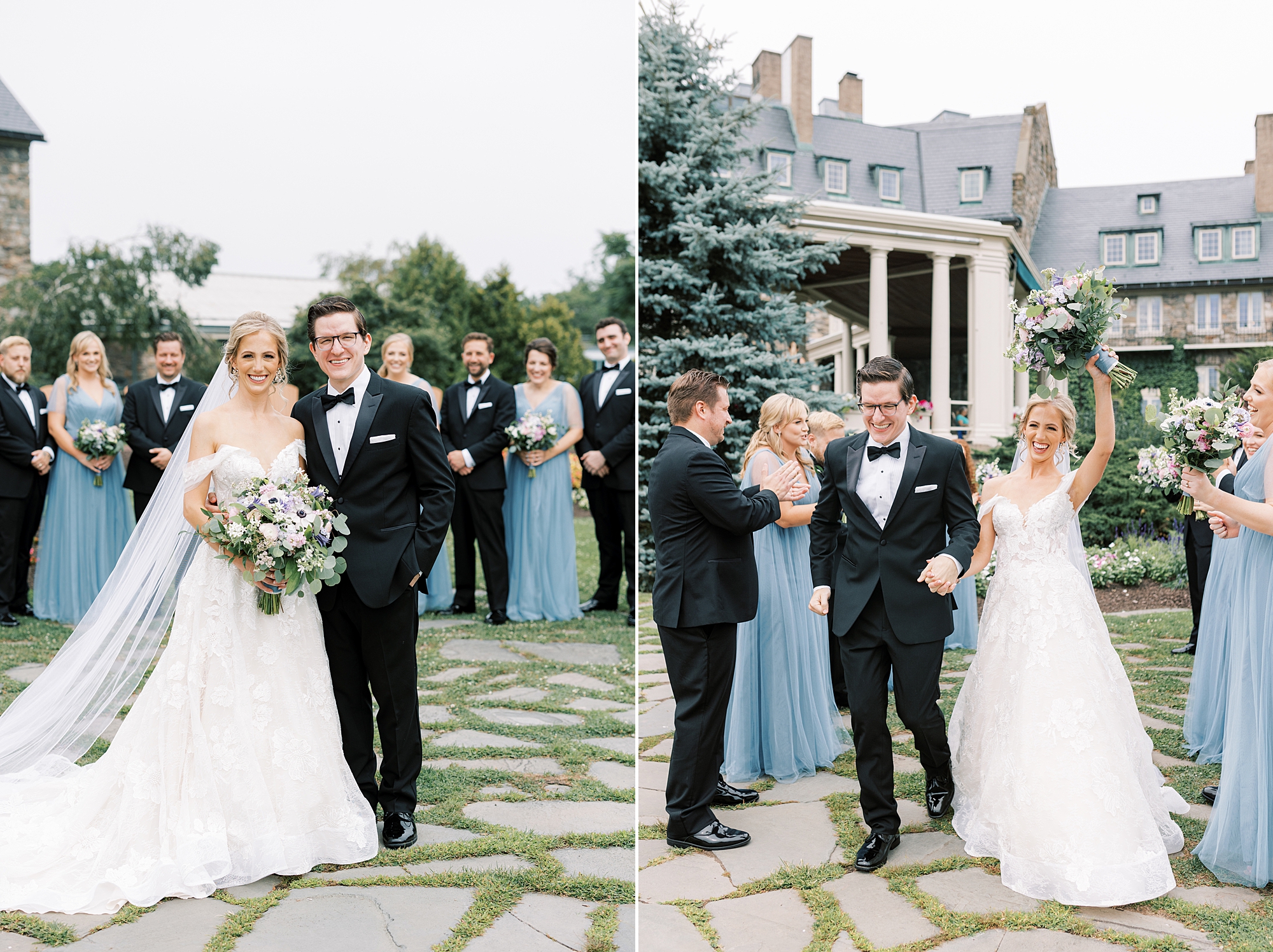 newlyweds cheer and walk between bridesmaids and groomsmen 