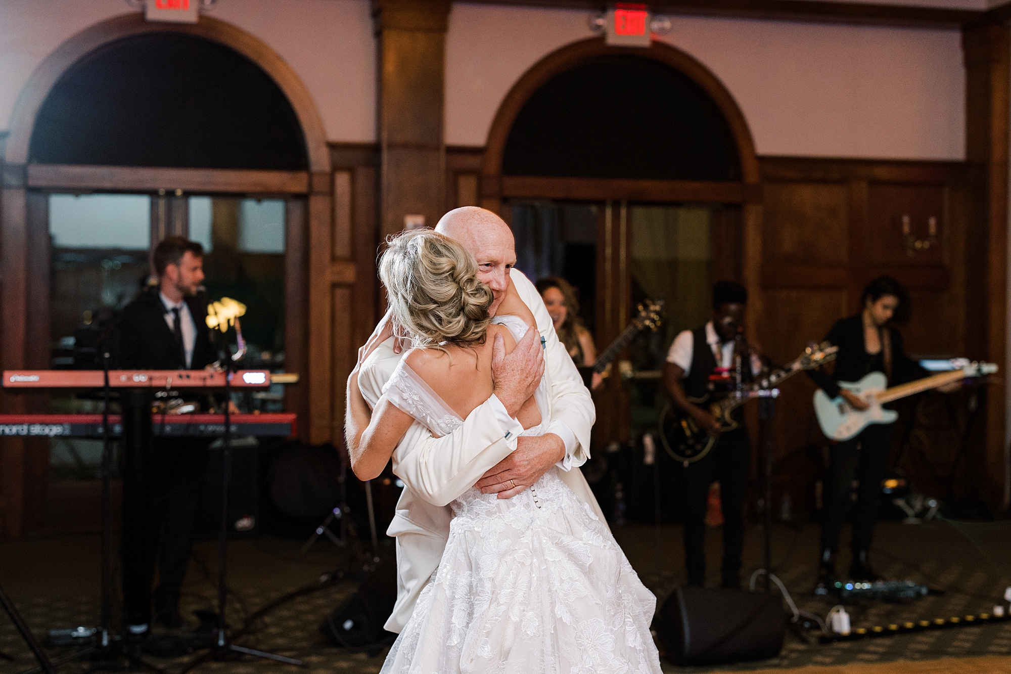bride and father hug on dance floor at Skytop Lodge