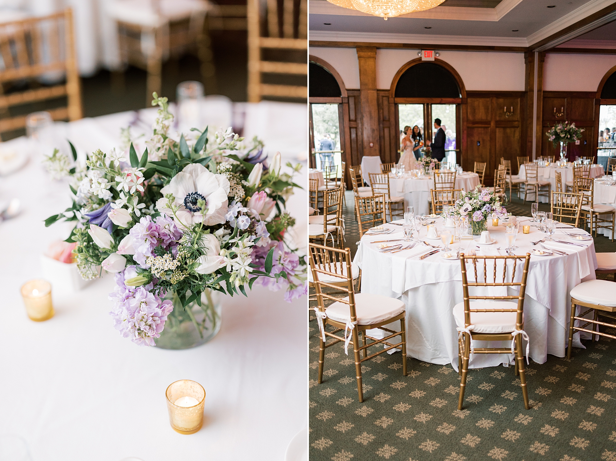 reception with purple and white flowers at Skytop Lodge