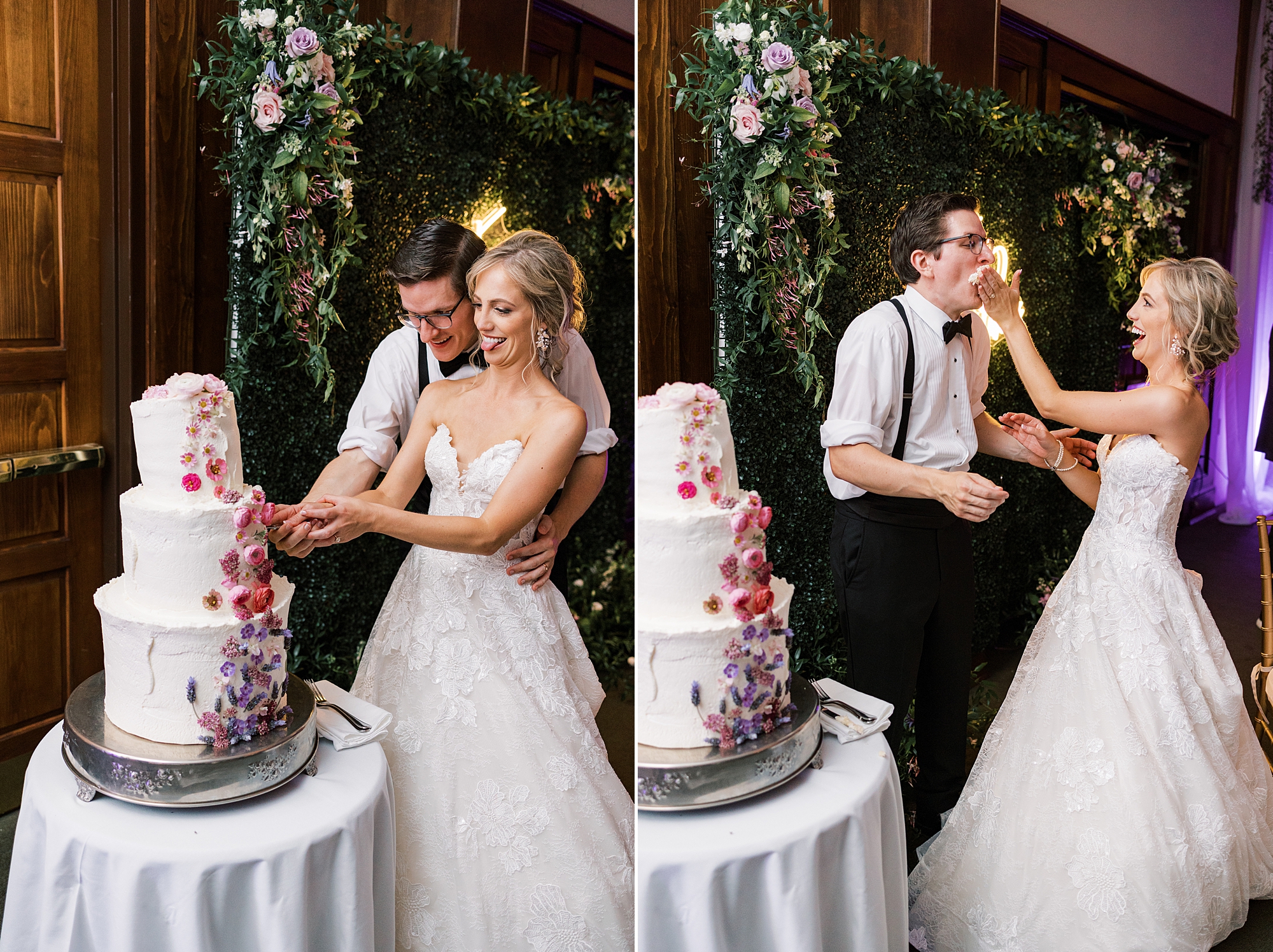 newlyweds cut tiered wedding cake during Skytop PA wedding reception