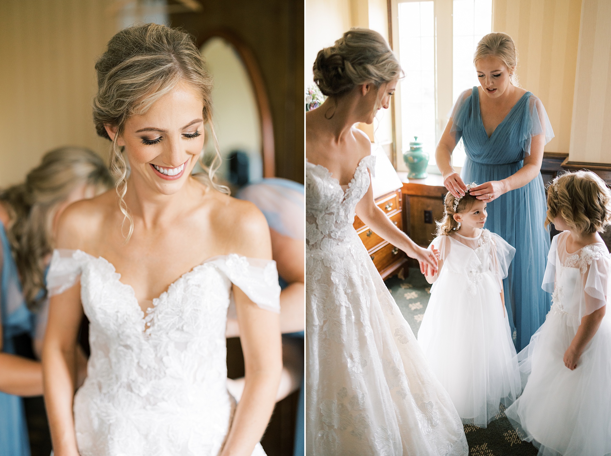 bride smiles while bridesmaids in blue gowns help her into wedding dress 